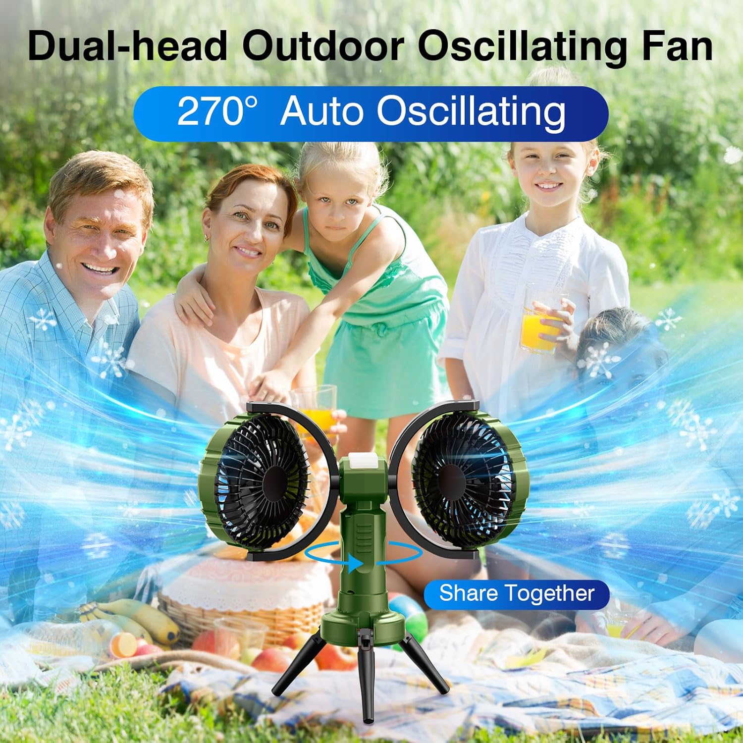 Outdoor Camping Fan With Light - Oscillating Battery Powered Fan For Camping With Hanging Hook For Beach Travel Picnic Fishing Outdoor- Green