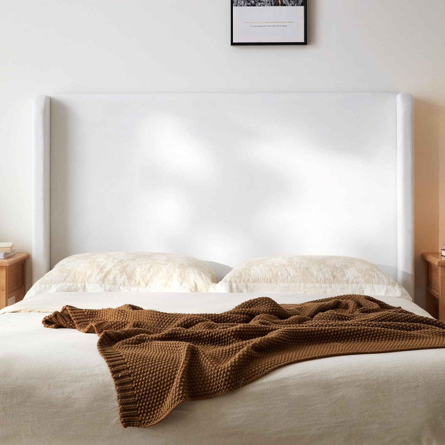 Upholstered Wingback King Size Bed Frame with 52.3" Tall Headboard, Coconut Micro Suede Minimalist Modern Platform Bed Frame, No Box Spring Needed King Bed Frame, Noise Free, Easy Assembly, White
