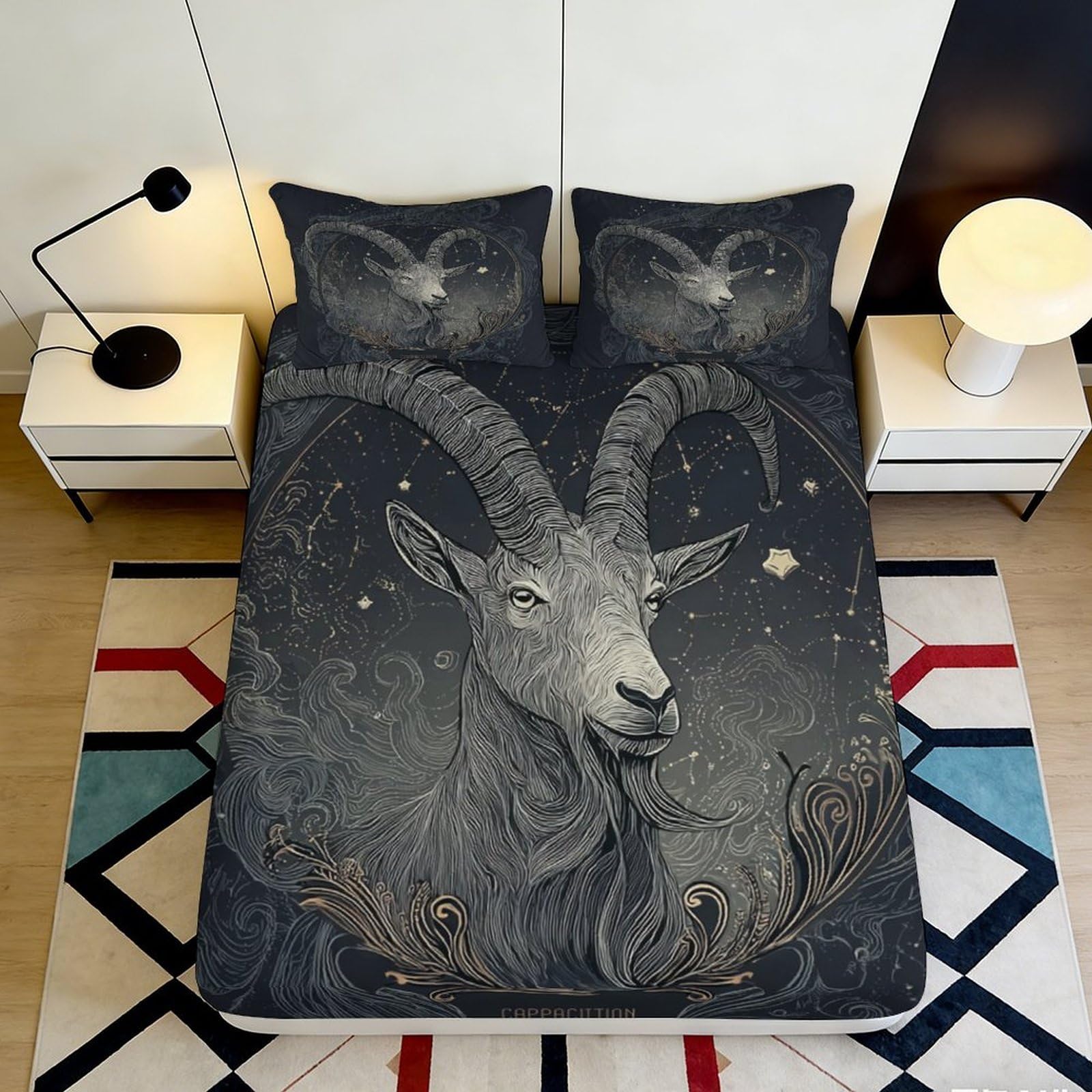 3D Printed Dark Capricorn Fitted Sheet Microfiber Soft Durable Goat Pattern Bed Cover for Bedroom Dormitory Guest Room Mattress Protection 120x200x25cm