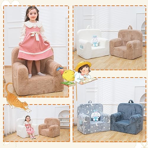 Miniatura 8 de SUFUS Snuggly-Soft - Sillón de felpa para niños y niñas, sofá de lectura con asa apta para niños para fácil movimiento y bolsillos dobles para un