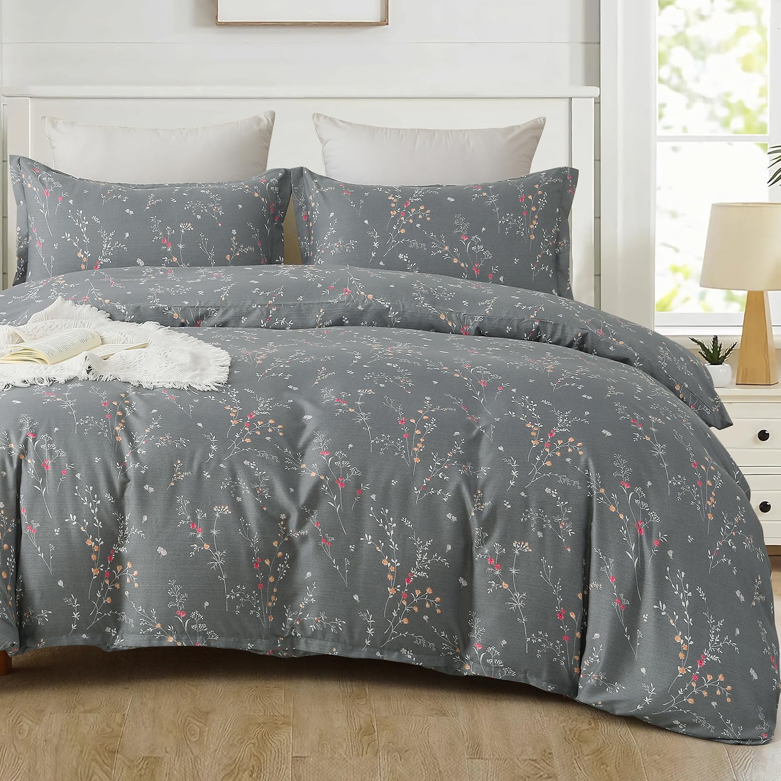 Guchuang Bedding Grey Floral Double Size Duvet Cover Set, Flowers Bedding Set with 2 Pillowcases, Soft Microfiber Quilt Cover with Zipper Closure 200x200cm โ image 1