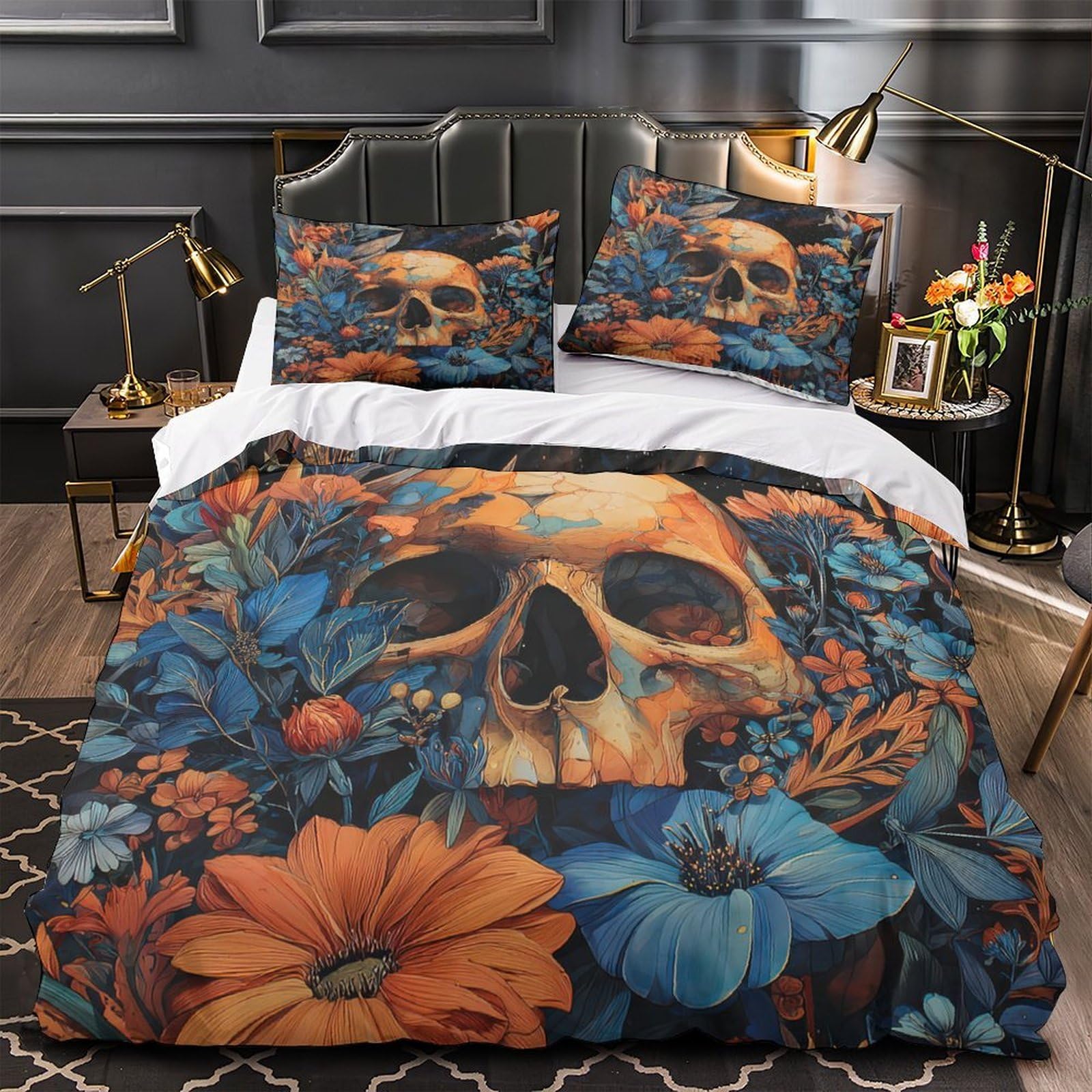 Parure de lit 135x200 cm SkullFlowersArt avec housse de couette en microfibre 3D