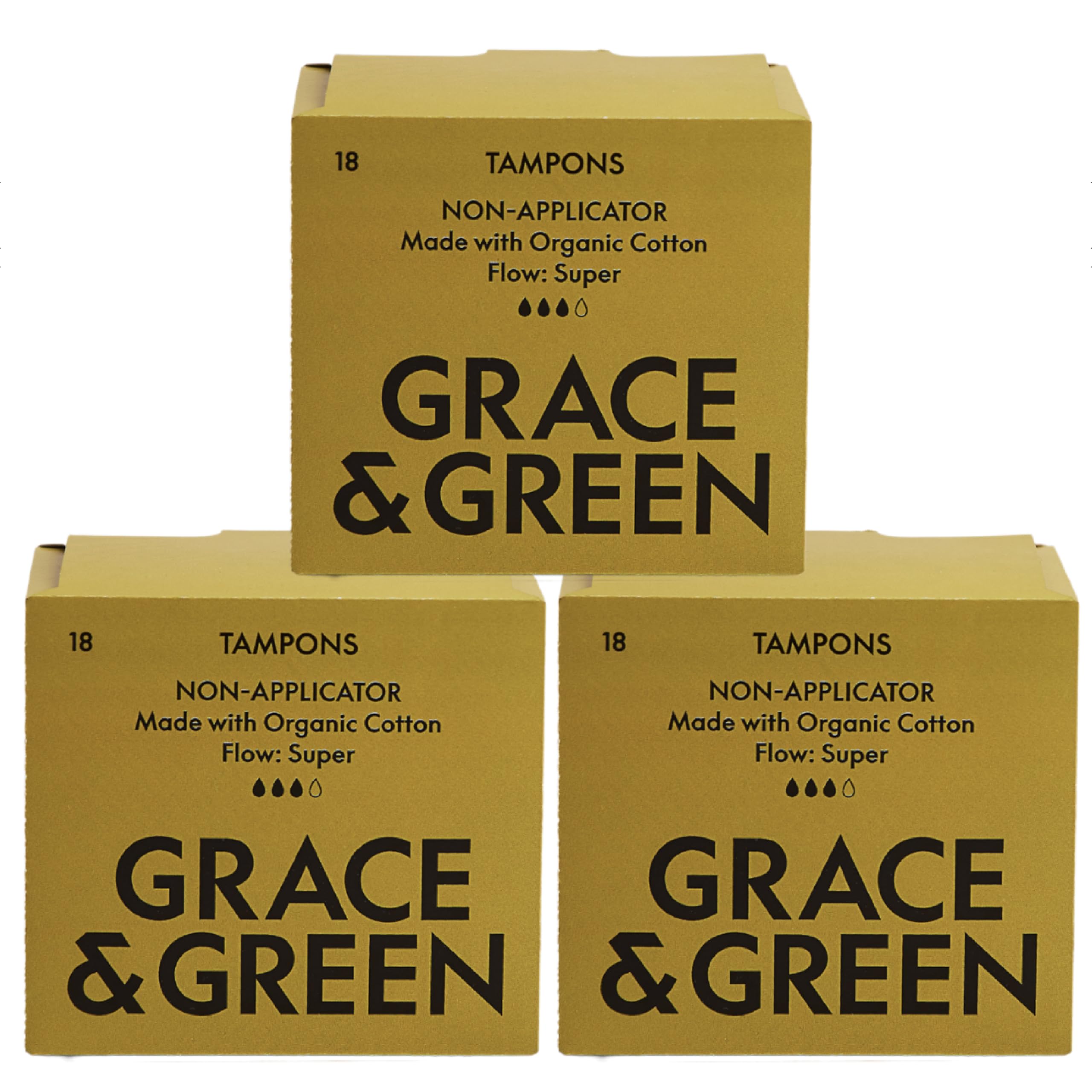 Grace & Green 54 Non-Applicator Tampons - Super Size | Eco-Friendly Period Products | Biodegradable Packaging | B-Corp Certified | Safe & Sustainable | 3 x 18 Pack | No Dye, Bleach or Fragrance