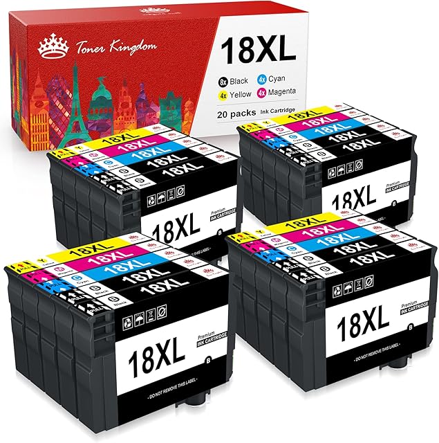 Toner Kingdom 18XL Ink Cartridges Multipack for Epson 18XL 18 XL for Epson XP322 Ink Cartridges Expression Home XP-322 XP-305 XP-312 XP-225 XP-422 XP-215 XP-415 (8 Black 4 Cyan 4 Magenta 4 Yellow)