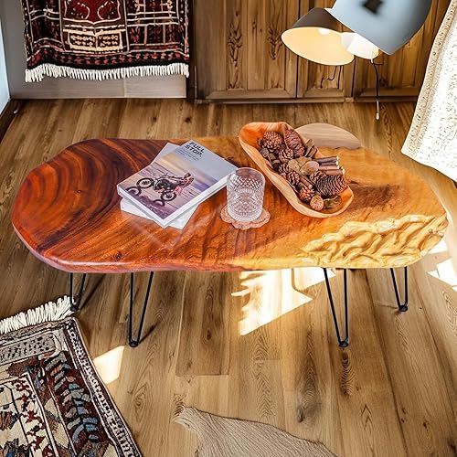 Live Edge Coffee Table, Natural Living Room Coffee Table with Clear Lacquer Finish and Metal Hairpin Legs,Unique Desktop
