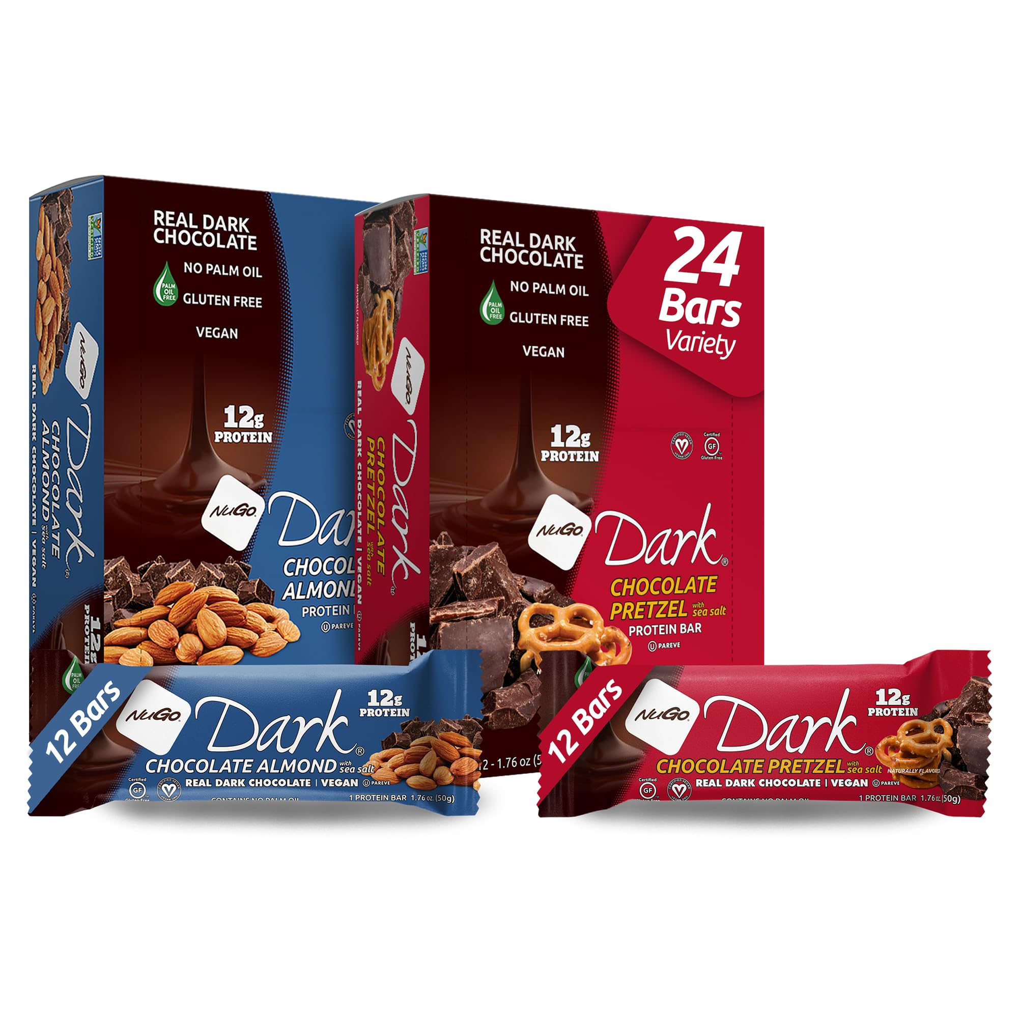 NuGo Dark Variety - Pretzel w/Sea Salt 12 bars & New! Chocolate Almond w/Sea Salt 12 bars, 12g Protein Bar, Vegan, Gluten Free, Non-GMO, Kosher Pareve