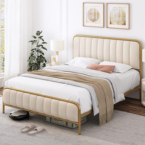 HITHOS Base de cama de tamaño matrimonial marco de cama tapizado con cabecera capitoné base de colchón de metal resistente con listones de madera disponible en Yaxa Guatemala