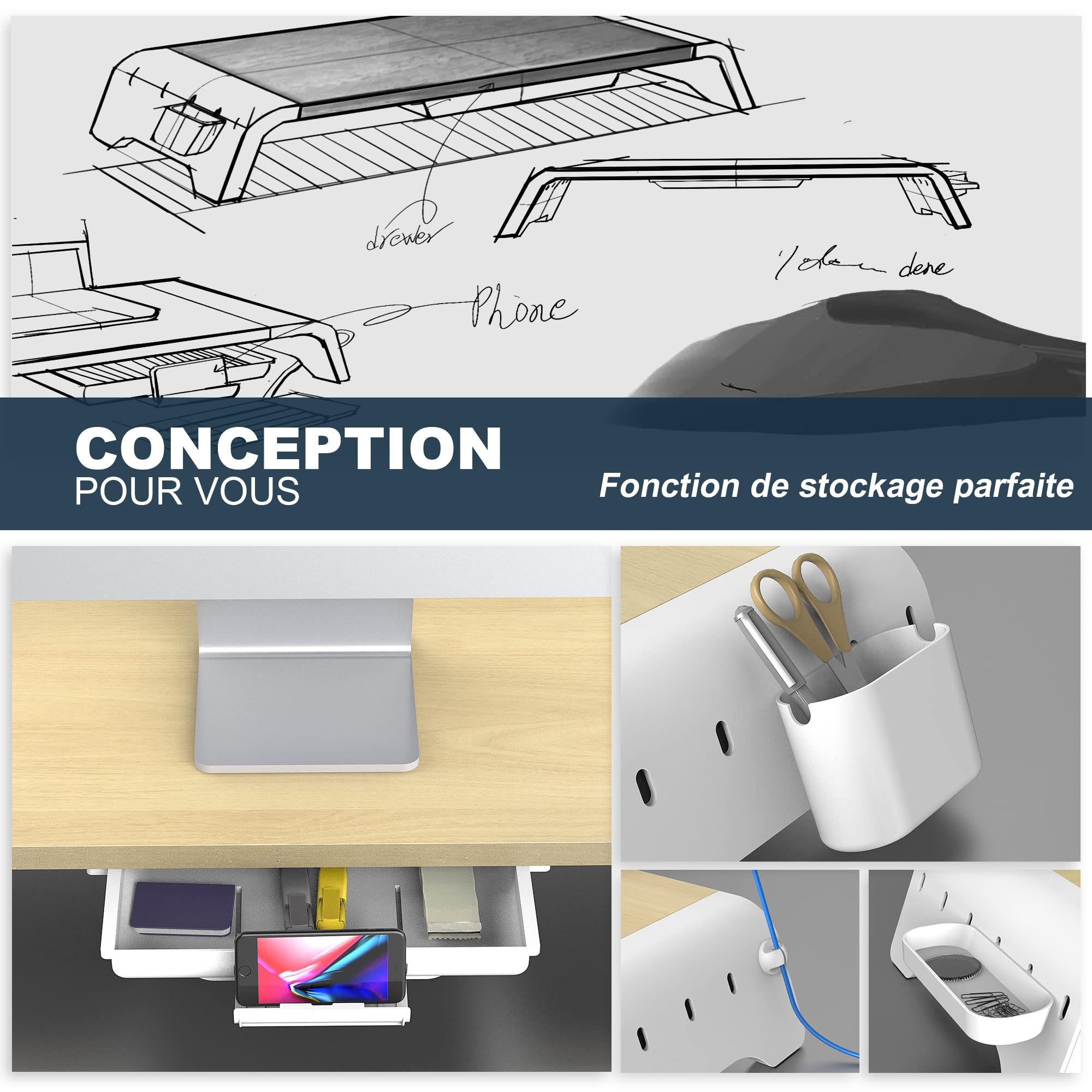 Fenge Réhausseur d'Écran d'Ordinateur Réglable Moniteur Stand en Bois avec Toiroir,Support d'Ordinateur,Moniteurs,TV,PC,Imprimante - Charge de 25kg - 74-107x 23,5 x 8,9 cm Couleur Chêne G04B1101C