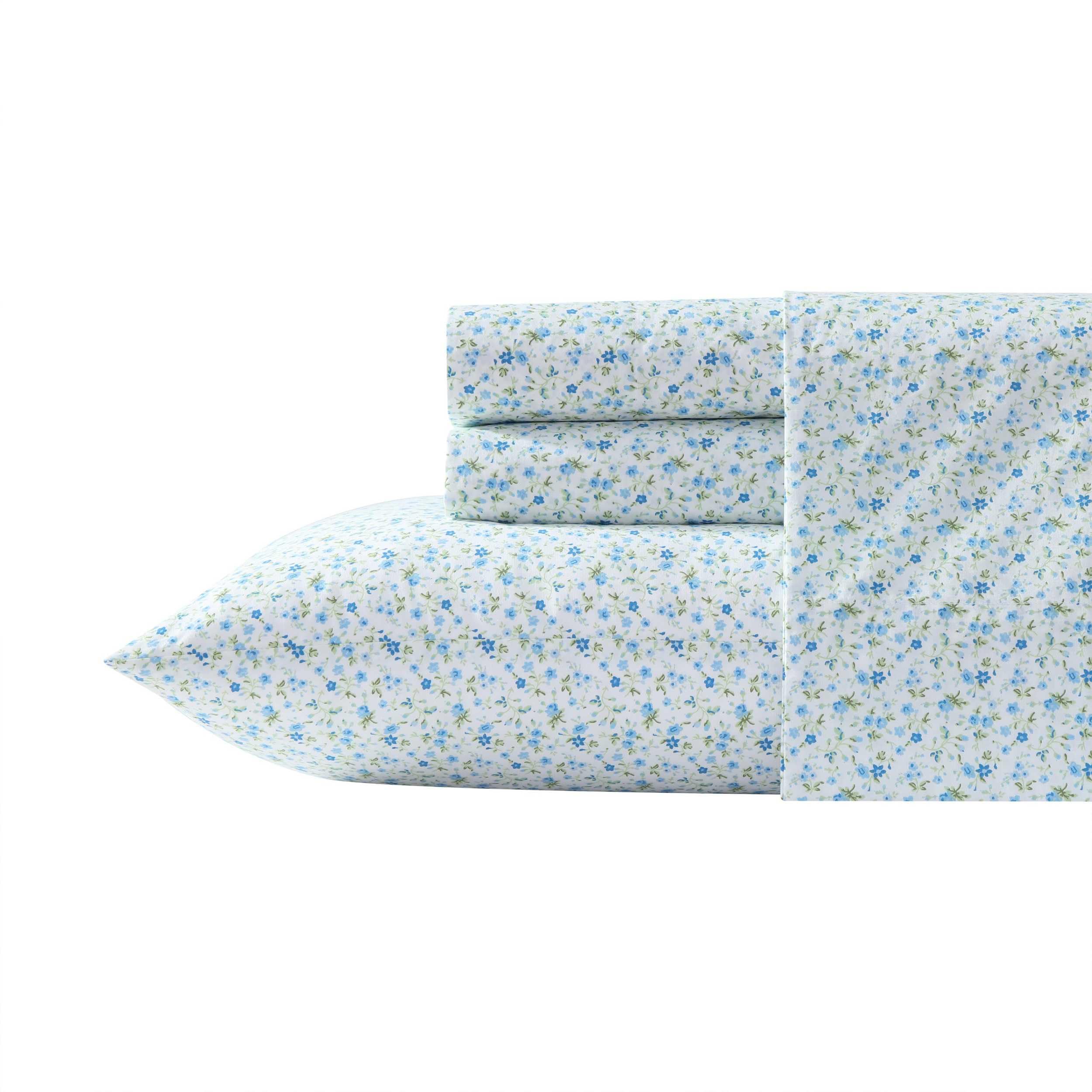 Laura Ashley – Full Size Sheet Set, Crisp &amp; Lightweight Cotton Percale Bedding with Fitted Sheet and Pillowcases, Floral Room Decor, Deep Pocket, College Dorm Room Essentials (Evie Blue)