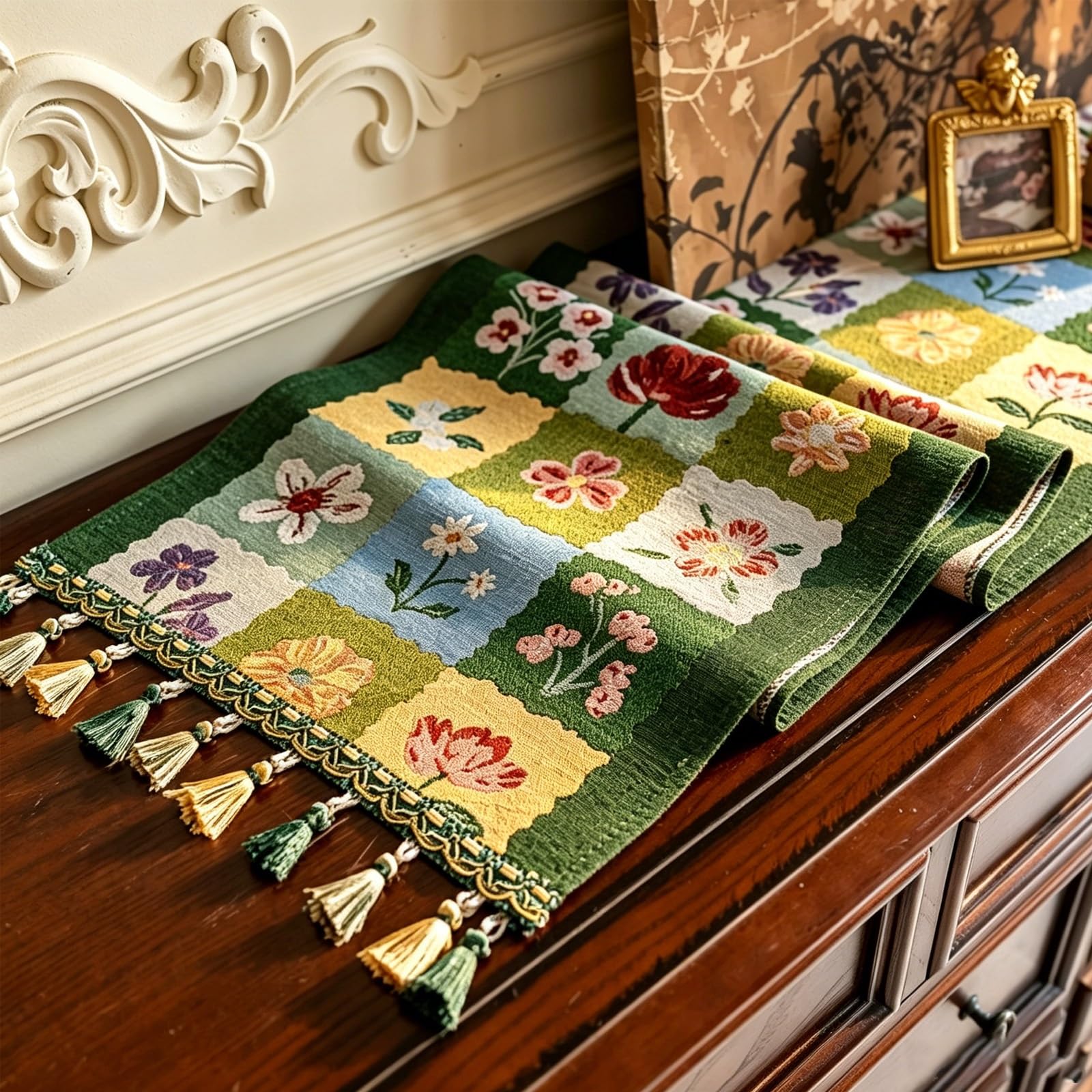 Vintage Floral Tablecloth,Woven Plaid Table Runner,Two-tone Tassels,Suitable for Dining Tables, Sideboards, and Farmhouse-style Home Decor.(Green,L300cm/118.1in)