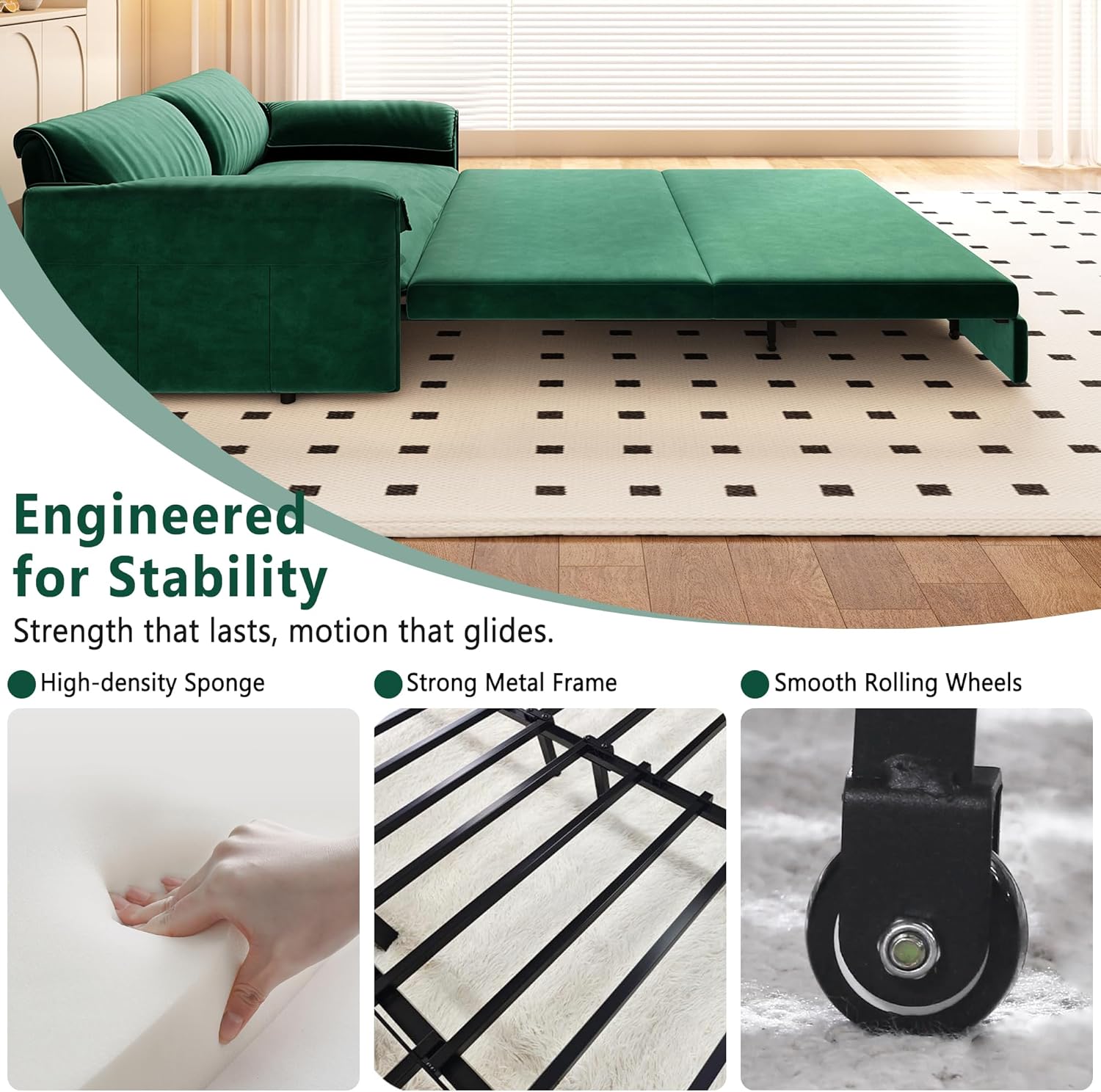 63.8" Futon Sofa Bed Queen Size, Pull Out Bed, 3-in-1 Convertible Sleeper Sofa with Side Pocket, Modern Velvet Futon Couch for Living Room, Small Space, Apartment, Bedroom, Green