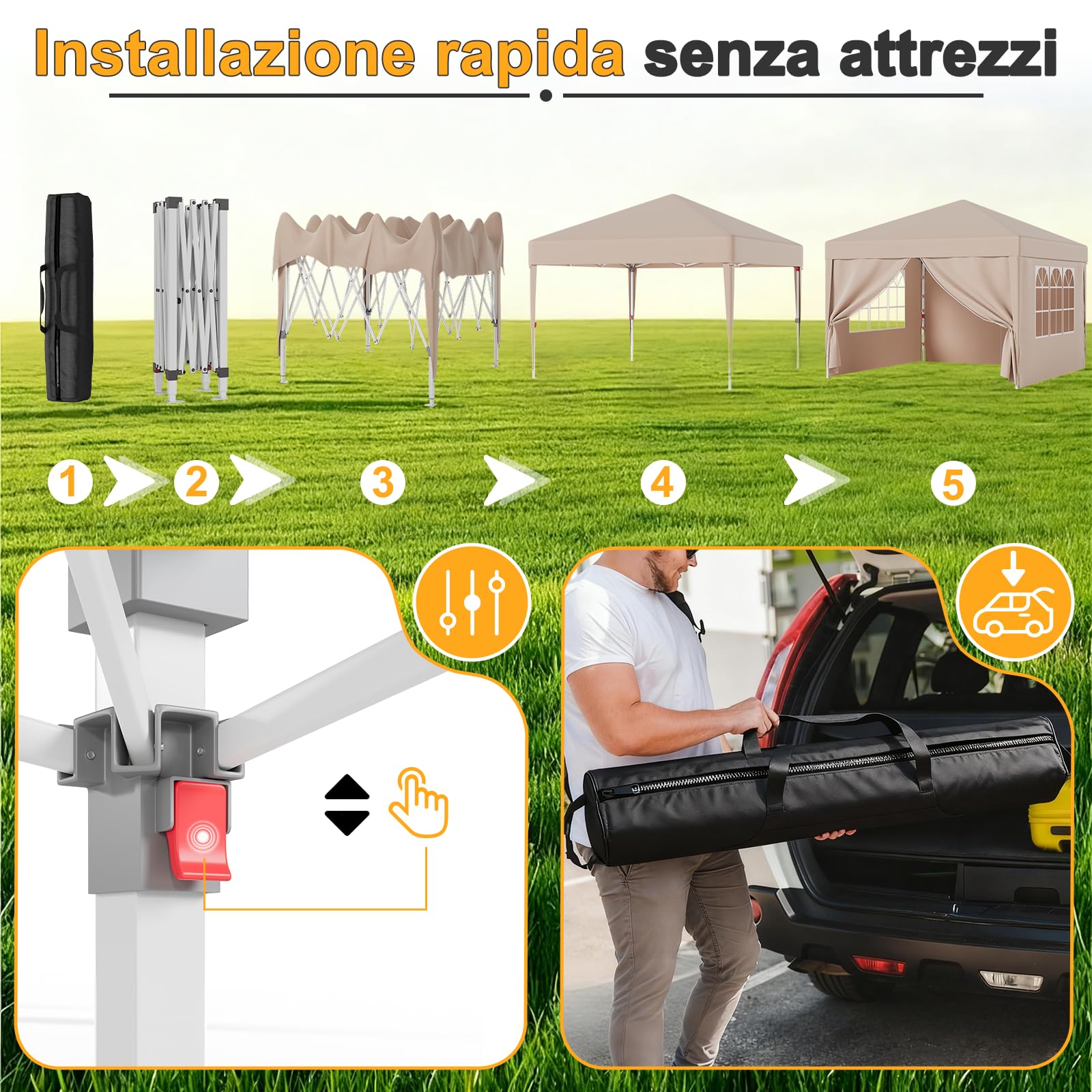 JUMMICO Gazebo 3x3m Pieghevole, Altezza Regolabile, Struttura Stabile, Copertura Esterna Resistente e Impermeabile, con Pareti Laterali, con 4 Sacchi di Sabbia di Peso e Sacca da Trasporto, Beige