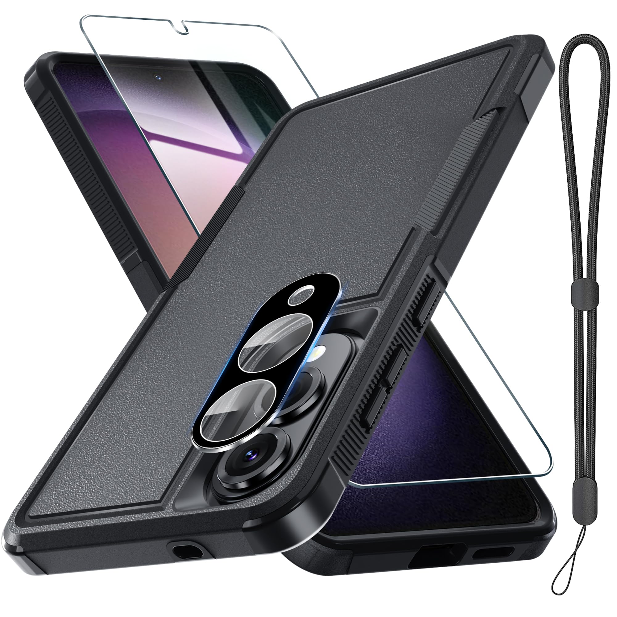 RMOCR Case for Samsung Galaxy S25 Edge, Full Body Heavy Duty Rugged Shockproof Protective Phone Cover with Lanyard Strap, Tempered Glass Screen