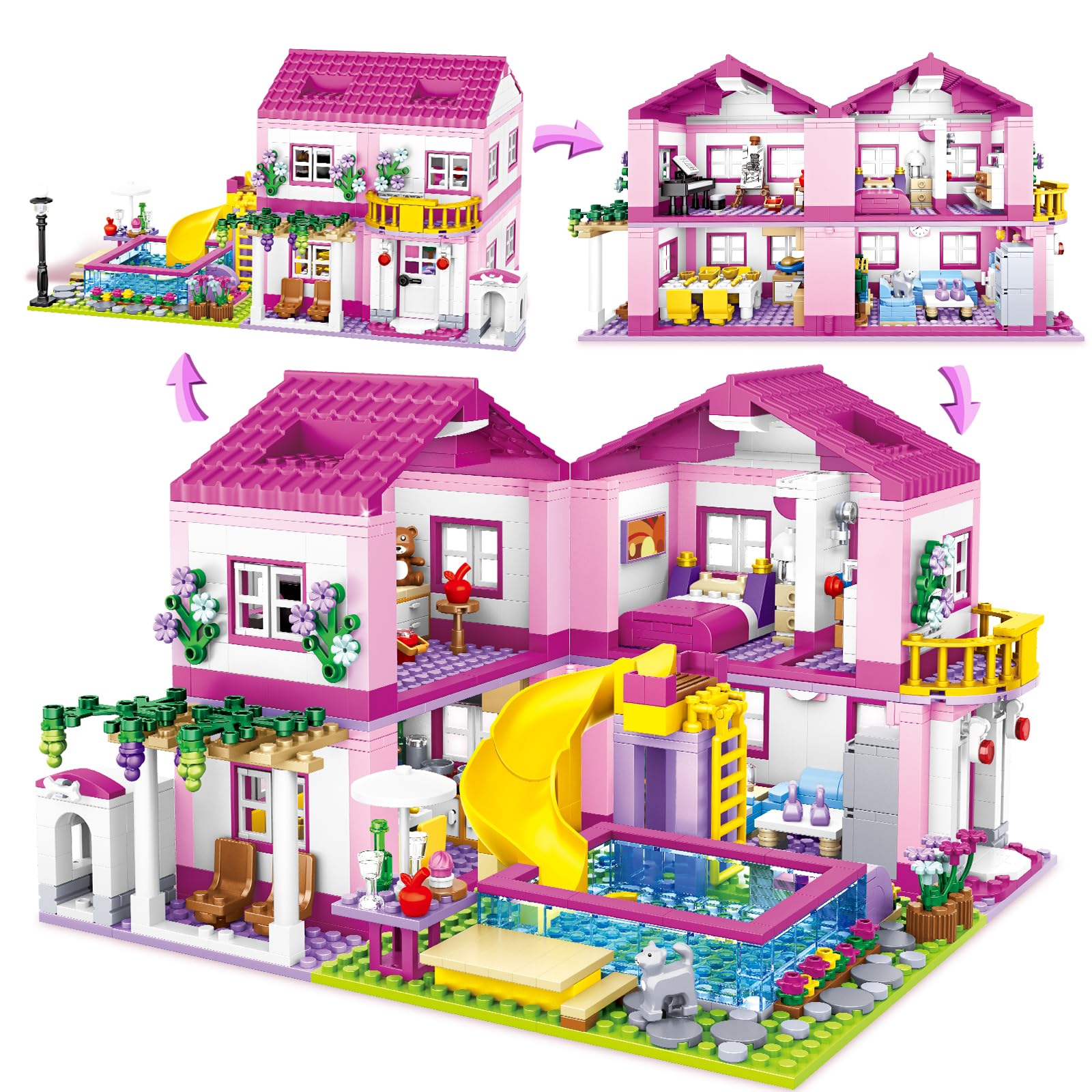 Pink Girls Summer Villa Friends Building Set Compatible with Friends Construction Educational Toy for Kids Age 8-12 and Up 1018 PCS