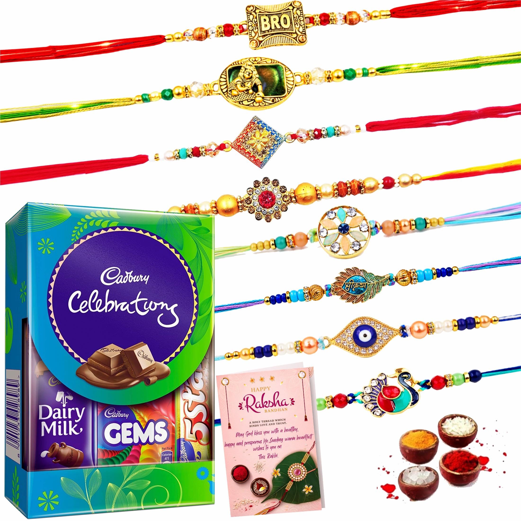 Rakhi Set for Brother-8 Glorious Premium Rakhi Combo Pack with Chocolates for Bhaiya Bhabhi with Chocolate Gift-All Designer Rakhi Super Sweet Rakshabandhan Pack with Roli,Chawal,Chandan,Mishri and Greeting-image-39