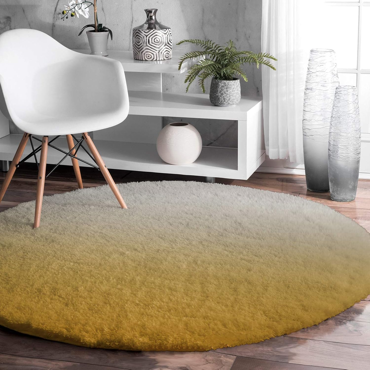 Ultra Soft Round Area Rug 3.3ft,Ombre Yellow Grey,Fluffy Shag Absorbent Water Circle Rugs Runners for Living/Dining Room/Bedroom,Gradient Texture,Non Slip Round Floor Carpet Nursery Rug