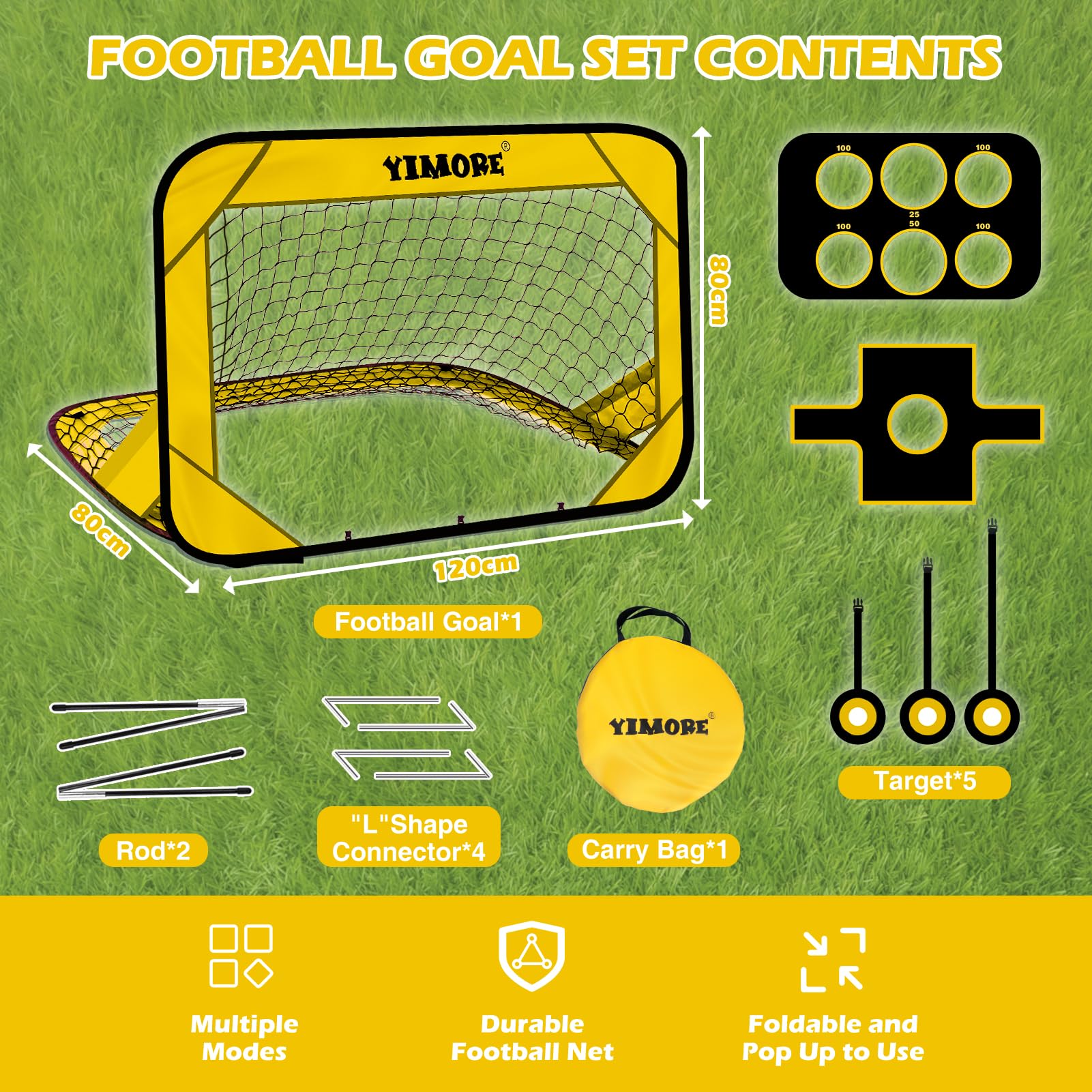 YIMORE Porta da Calcio per Bambini, 4 Modalità Porta da Calcio da Giardino, Pop-up Porte da Calcio Pieghevole, 120 * 80 * 80cm, Porta da Calcio per Interni ed Esterni