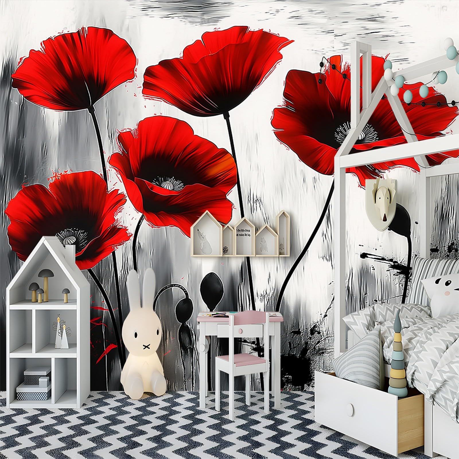 Tapeta 3D w stylu panoramicznym 400 x 280 cm eleganckie abstrakcyjne mak dekoracja ścienna, z czarno-czerwoną tapetą z włókniny do sypialni salonu spersonalizowana dekoracja ścienna
