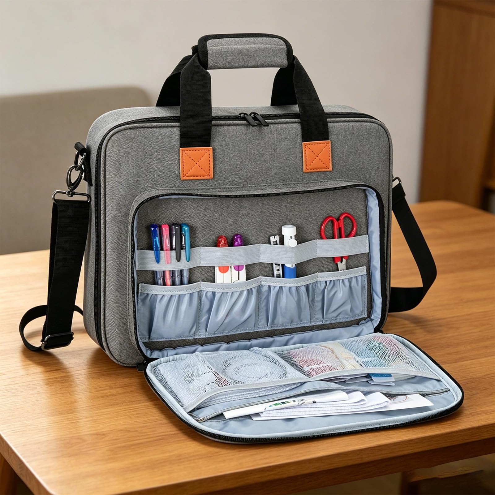 Soporte de costura de nailon resistente con correas ajustables y bolsillos abiertos, ideal para bordar aros y suministros de costura bolsa de accesorios de costura