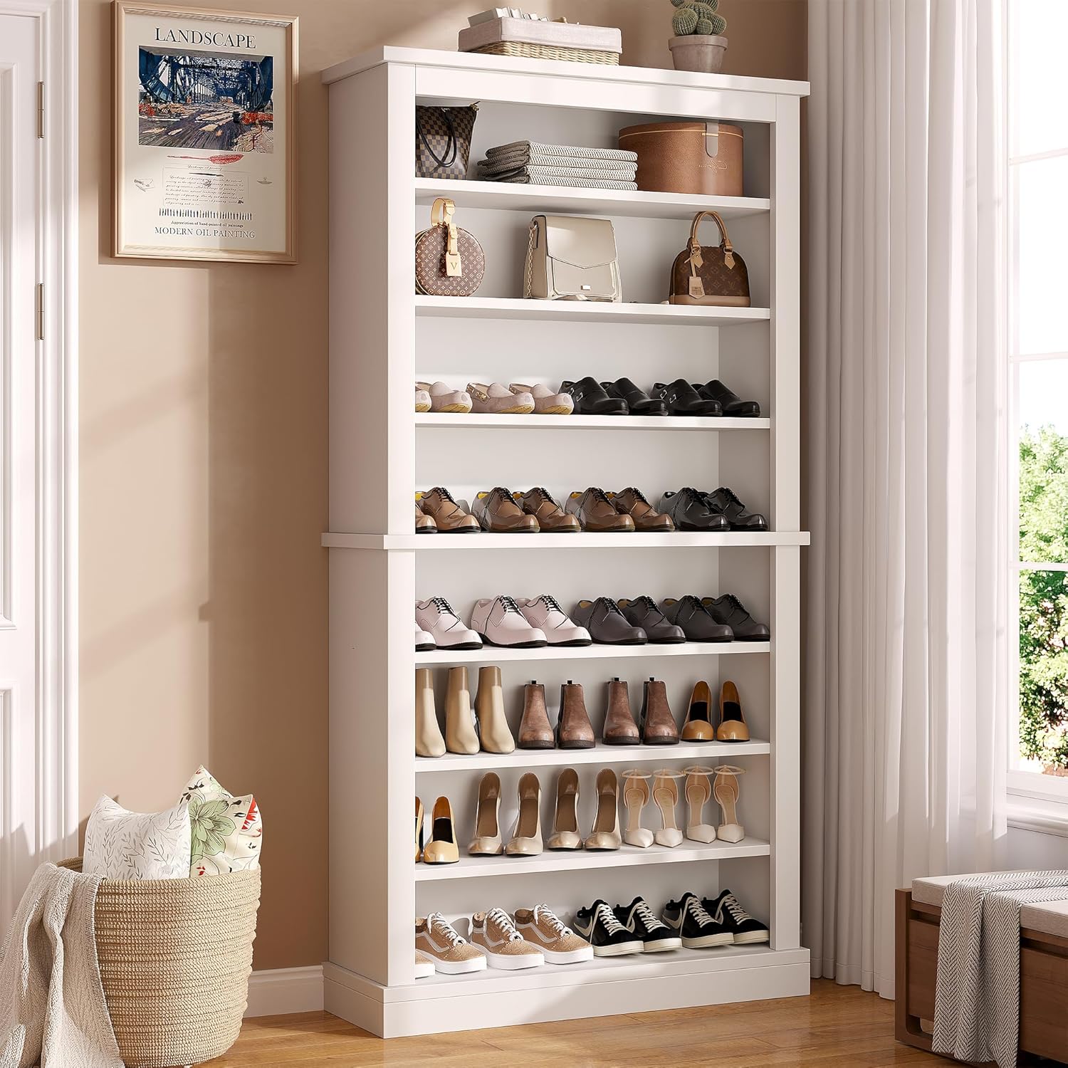 71'' Tall Freestanding Shoe Cabinet with Open Storage, 9-Tier Thickened Wood Shoe Rack with Adjustable Shelves for Entryway, Hallway & Small Spaces, Modern White Storage Organizer (White)