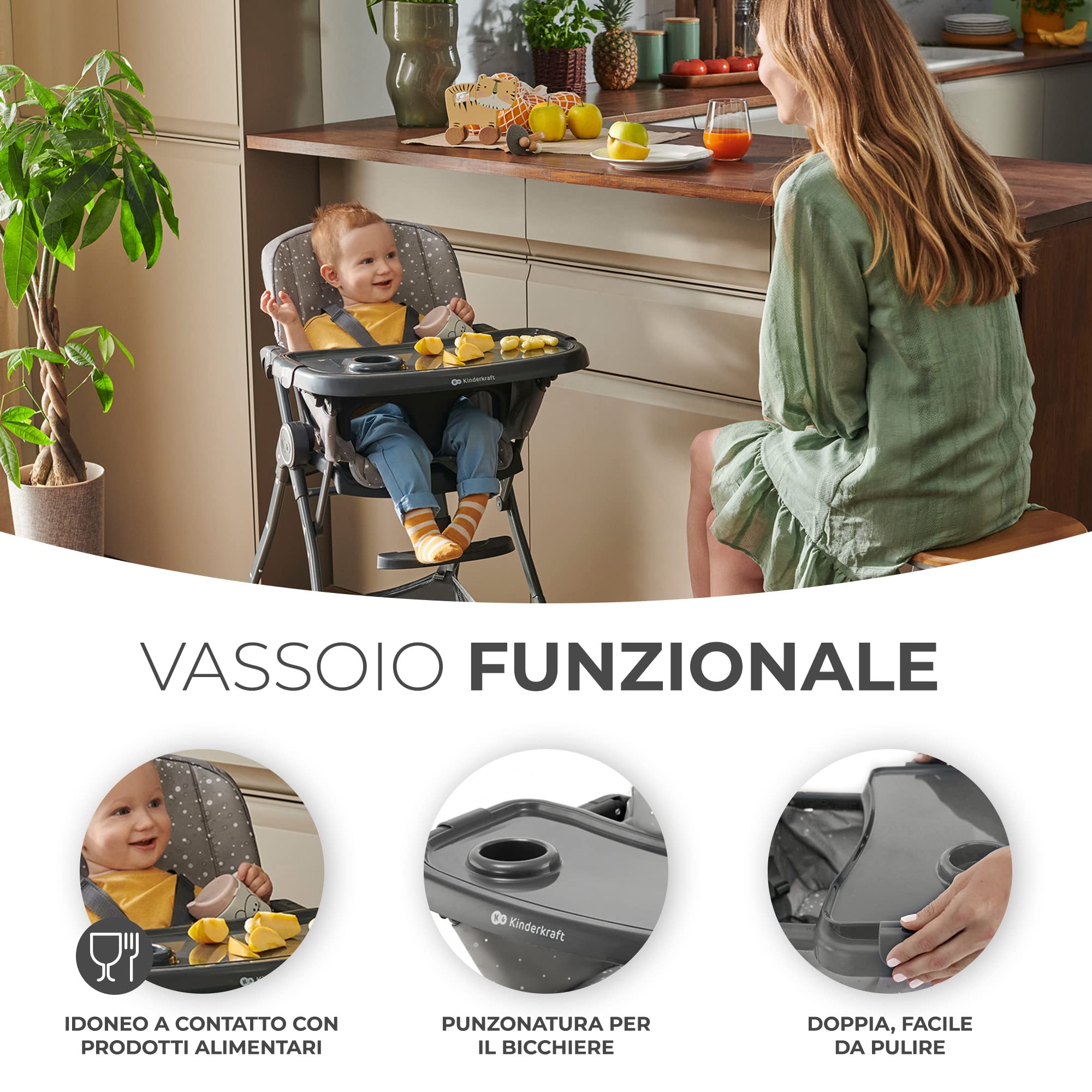 Kinderkraft FOLDEE Seggiolone Pappa, Portatile, Sedia bambini da tavolo, Pieghevole in dimensioni compatte, Schienale e poggiapiedi regolabile, con Vassoio e Cestello, Facile da pulire, Grigio