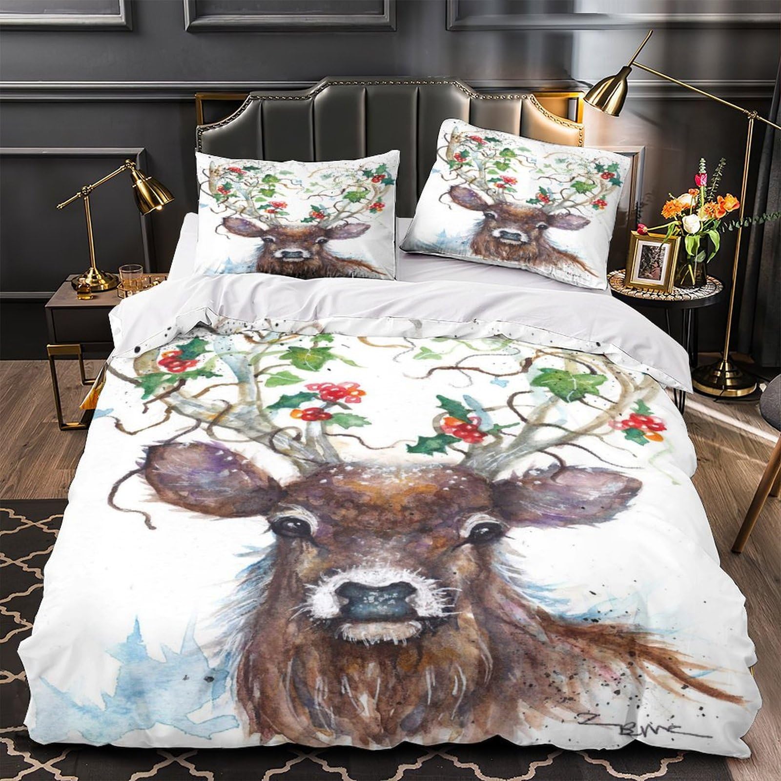Christmas Deer Quilt Cover 3D Design Printed All Season 3 Pcs Bedding Set Zipper watercolor Festive Duvet Cover Super Soft Anti-allergic for Kids Adults Women Teens Youth Boys Super king（260x220cm）