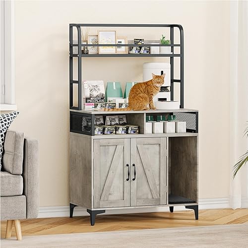 GAOMON Caja de arena para gatos con almohadilla para rascar, muebles de caja de arena oculta, gabinete para gatos con almacenamiento y puertas, baño