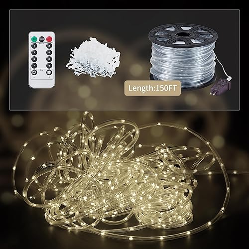 Miniatura 8 de Ainfox Cuerda de luces LED de 150 pies, tira de luces LED impermeables para exteriores con control remoto de 8 modos, 642 LED de 30 V, tubo de PVC