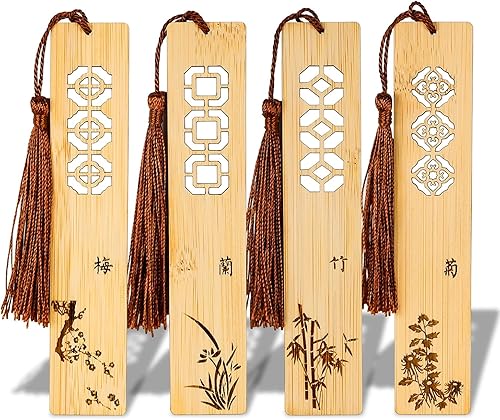 wocoxo Marcapáginas de bambú natural hecho a mano con borlas, marcadores de página de lectura de estilo vintage único, 4 unidades (estilo clásico)