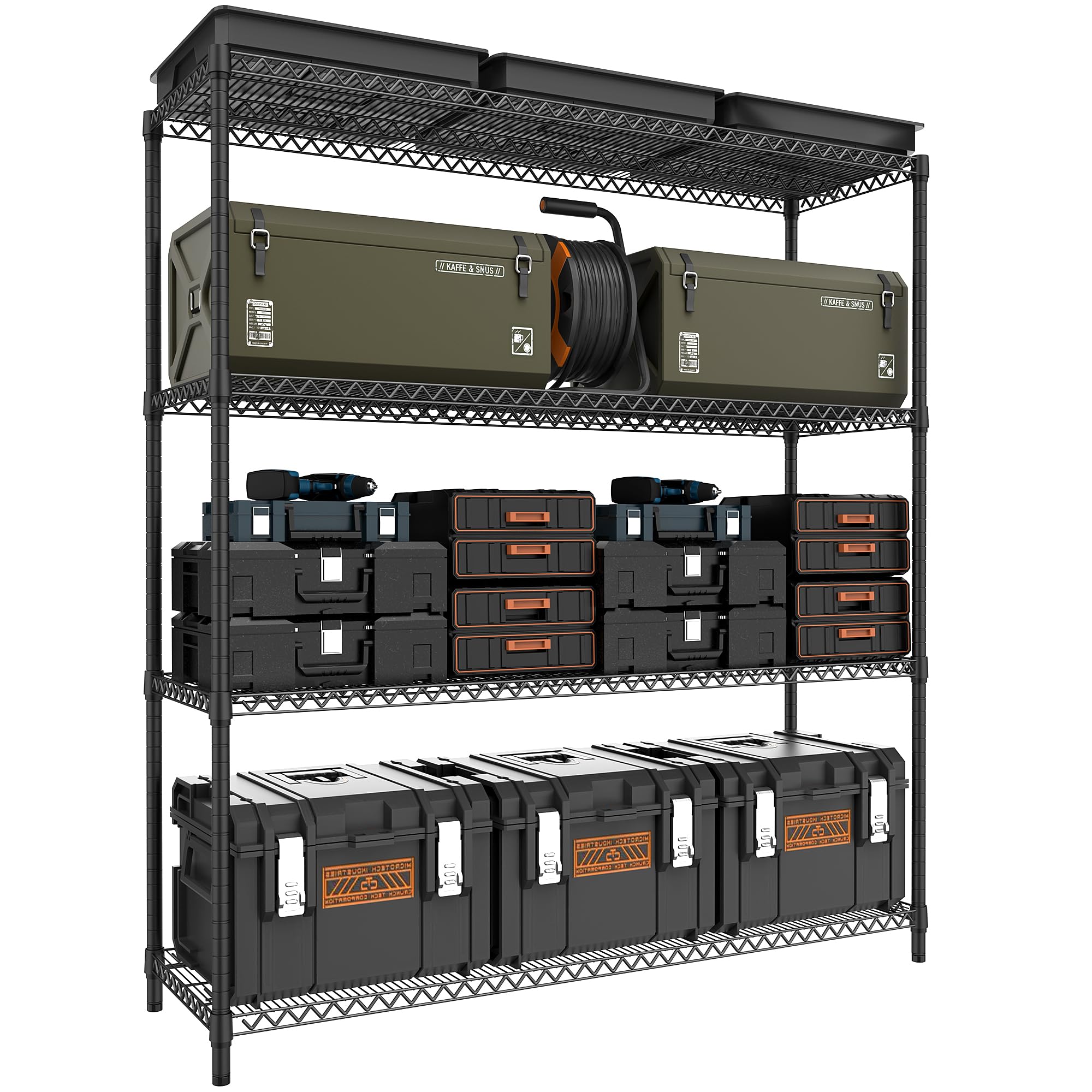 M MZG 4-Shelf Storage Unit With Height Adjustable Shelves and Levelling Feet Total Load Capacity 1199 kg Heavy Duty Rack Wire Pantry Shelves for Tool Shed, Garage, Storehouse Black 45 x 150 x 178.7 cm