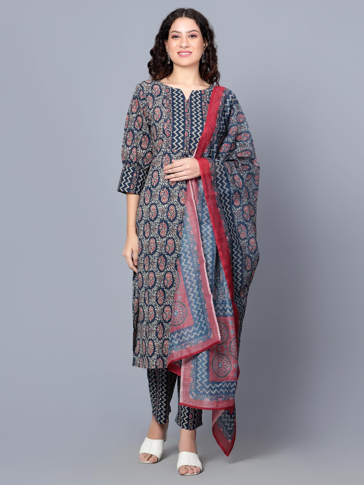 Idalia Womens Ethnic Wear Pink Printed Straight Cotton Kurta Set With Dupatta For Women (Indigo Blue, Small)