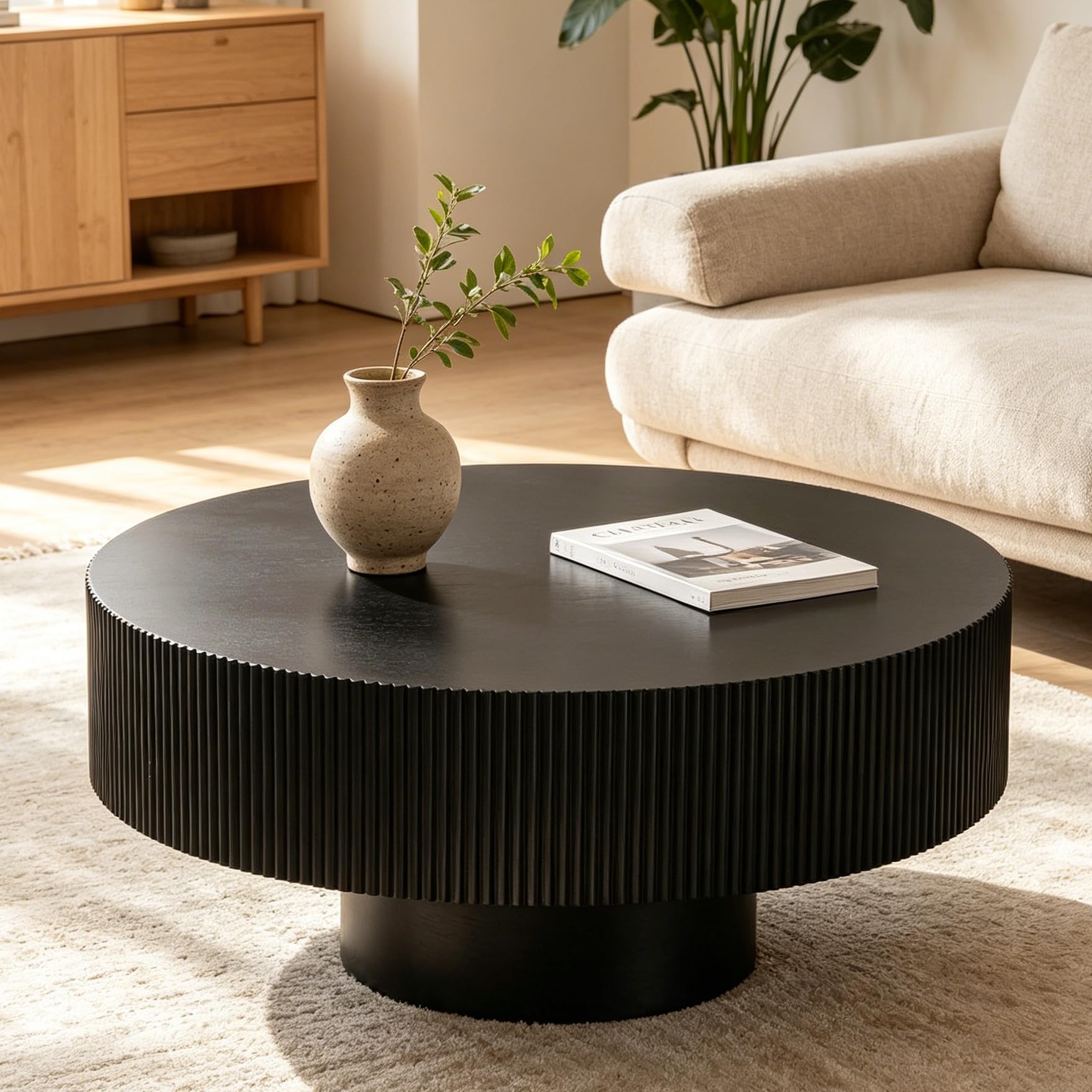 TYONGCOFF Round Wood Coffee Table, Mid Century Modern Drum Center Table