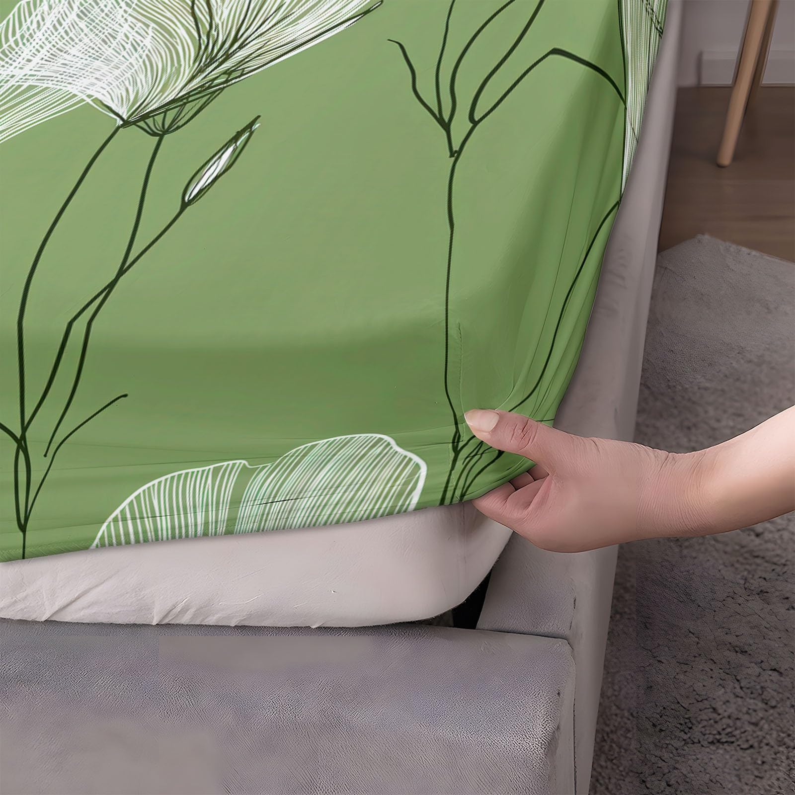 Zielone prześcieradło z gumką 180 x 200 cm minimalizm dzikie kwiaty linie, miękkie i można prać w pralce prześcieradło pod narożnikami elastyczne do wysokości materaca do 30 cm