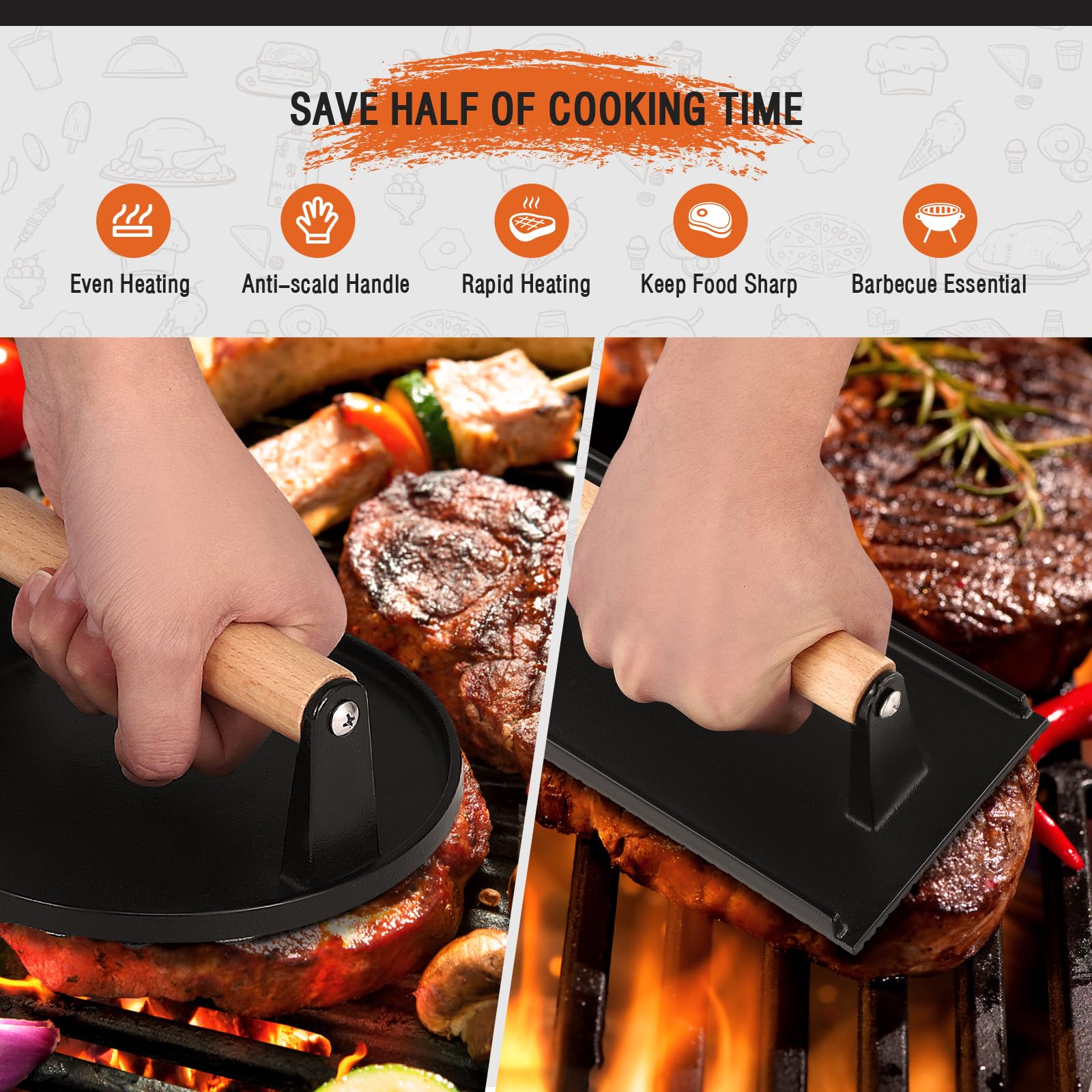 Burger Smasher Set con redondo y rectangular, prensa para hamburguesas de hierro fundido, prensa para hamburguesas, prensa para hamburguesas con mango resistente al calor, prensa profesional para