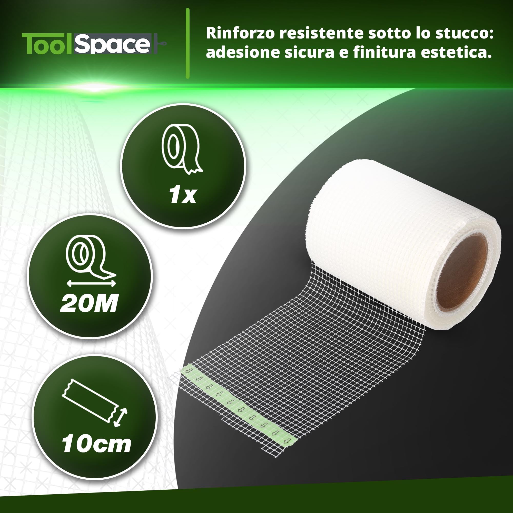ToolSpace Nastro Fibra Vetro Cartongesso Autoadesivo 10 cm x 20 m Riparazione Crepe Muro Giunti Stuccatura Interni Rete Rinforzata Rasatura Intonaco Rinforzo Impermeabile Gesso Rasante Fessure Buchi