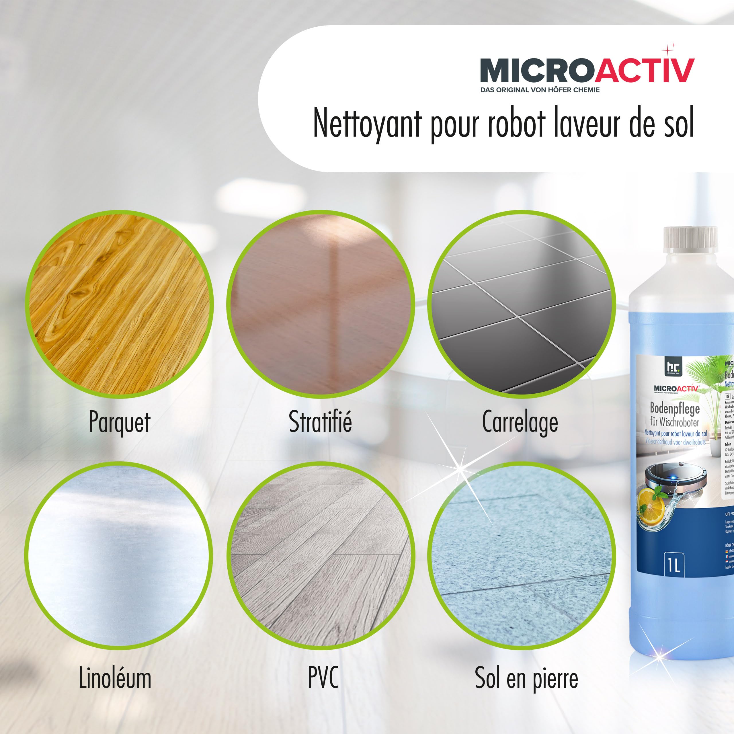 Microactiv Nettoyant Sol Concentré 3 x 1 L pour Robots Laveurs | Séchage Rapide, Antidérapant, Idéal pour Tous Types de Sols - Parfum Frais Discret - Convient Parquet, Carrelage et Stratifié