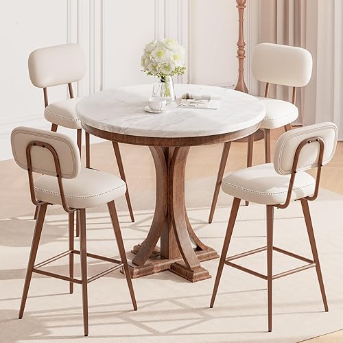 Miniatura 3 de Juego de 4 taburetes de bar giratorios de piel sintética, sillas de bar de altura de mostrador de mediados de siglo con respaldo bajo y patas de