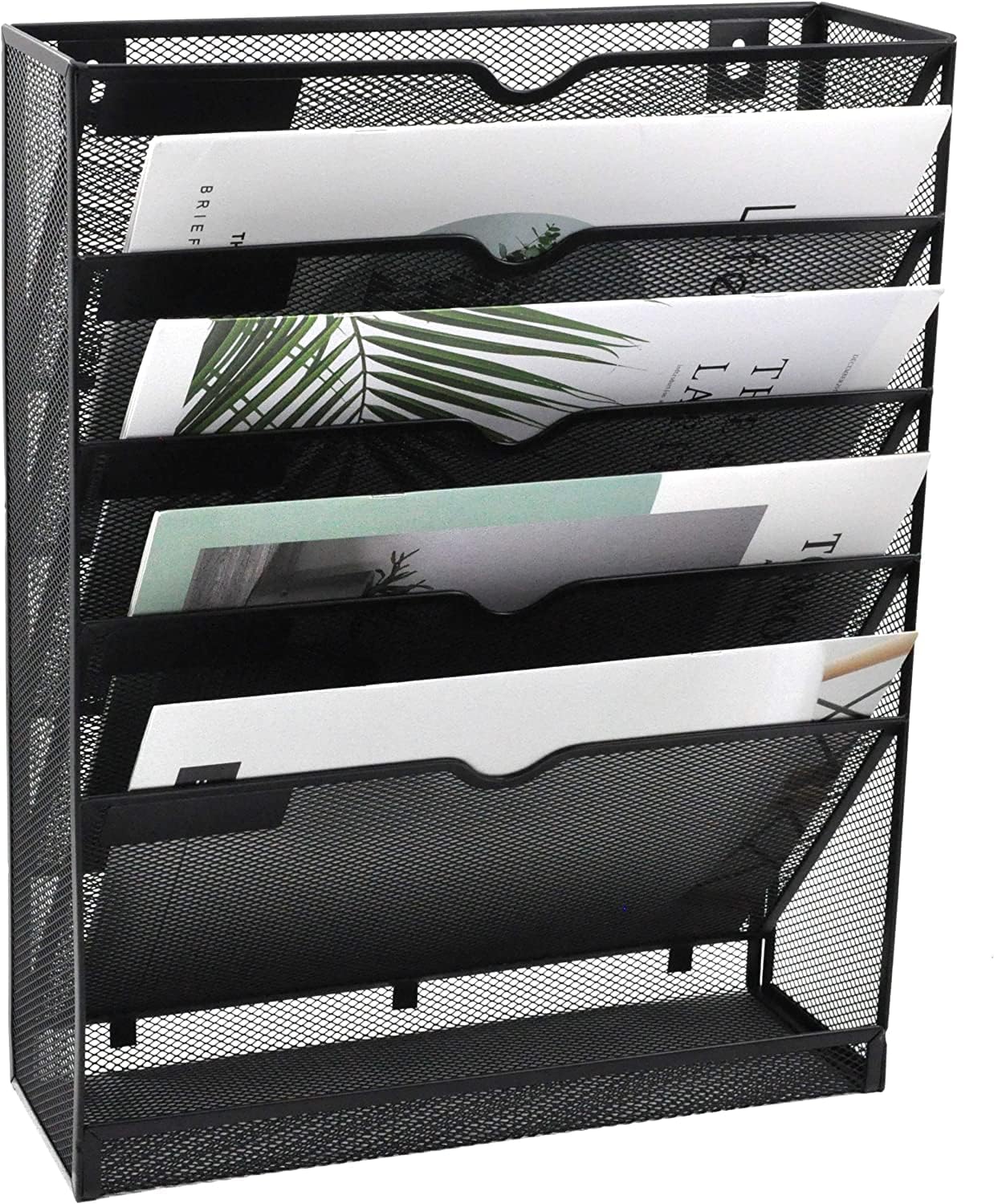 Mesh Wall Magazine rack 5 Tier Vertical Mount Hanging Holder Magazine Rack with Bottom Flat Tray, Sides Closed-picture-10