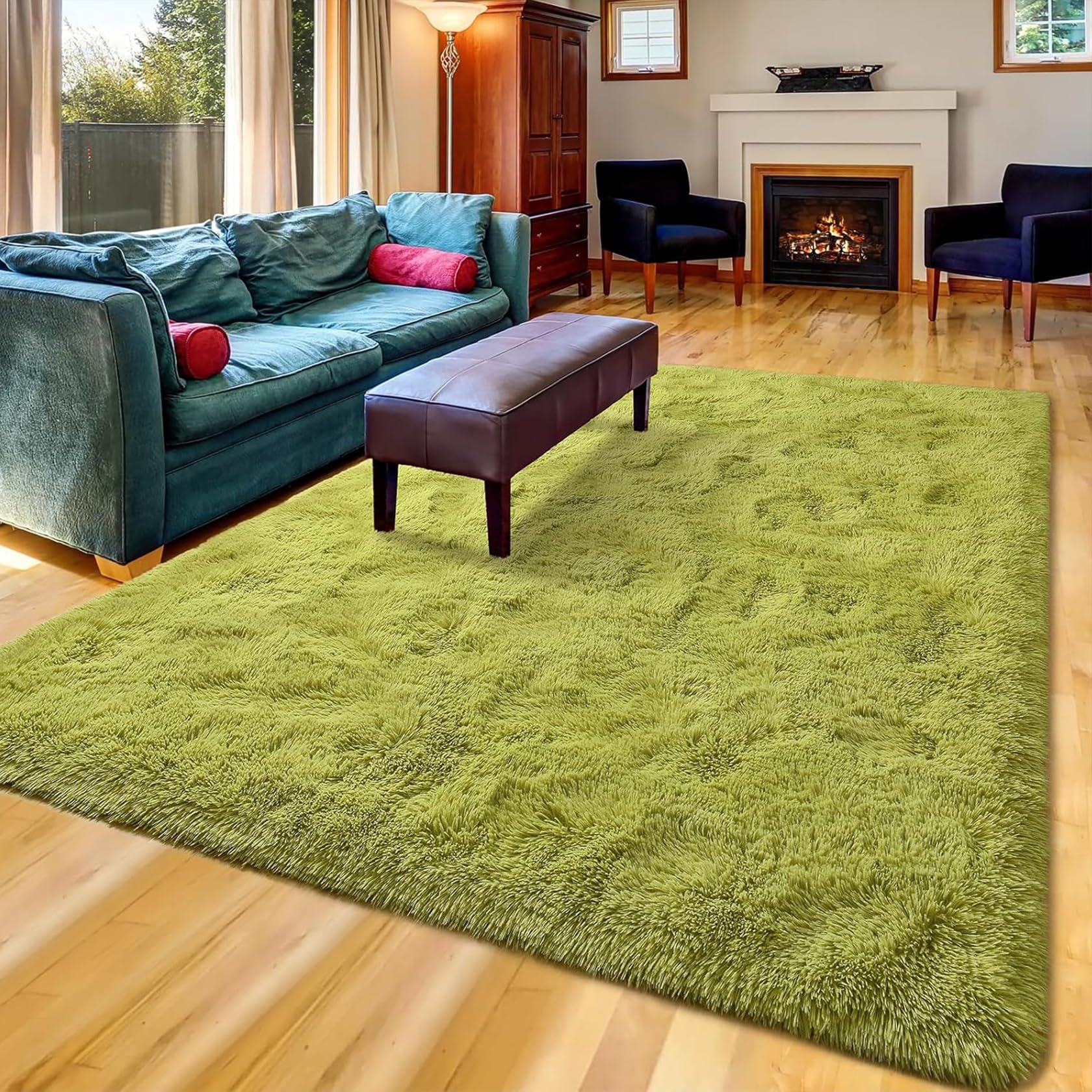 HOKXUAN Alfombra de Pelo Largo 170 x 150 cm Antideslizante y Esponjosa Alfombra Antideslizante Muy Suave Varios Tamaños para Salón y Dormitorio, Verde