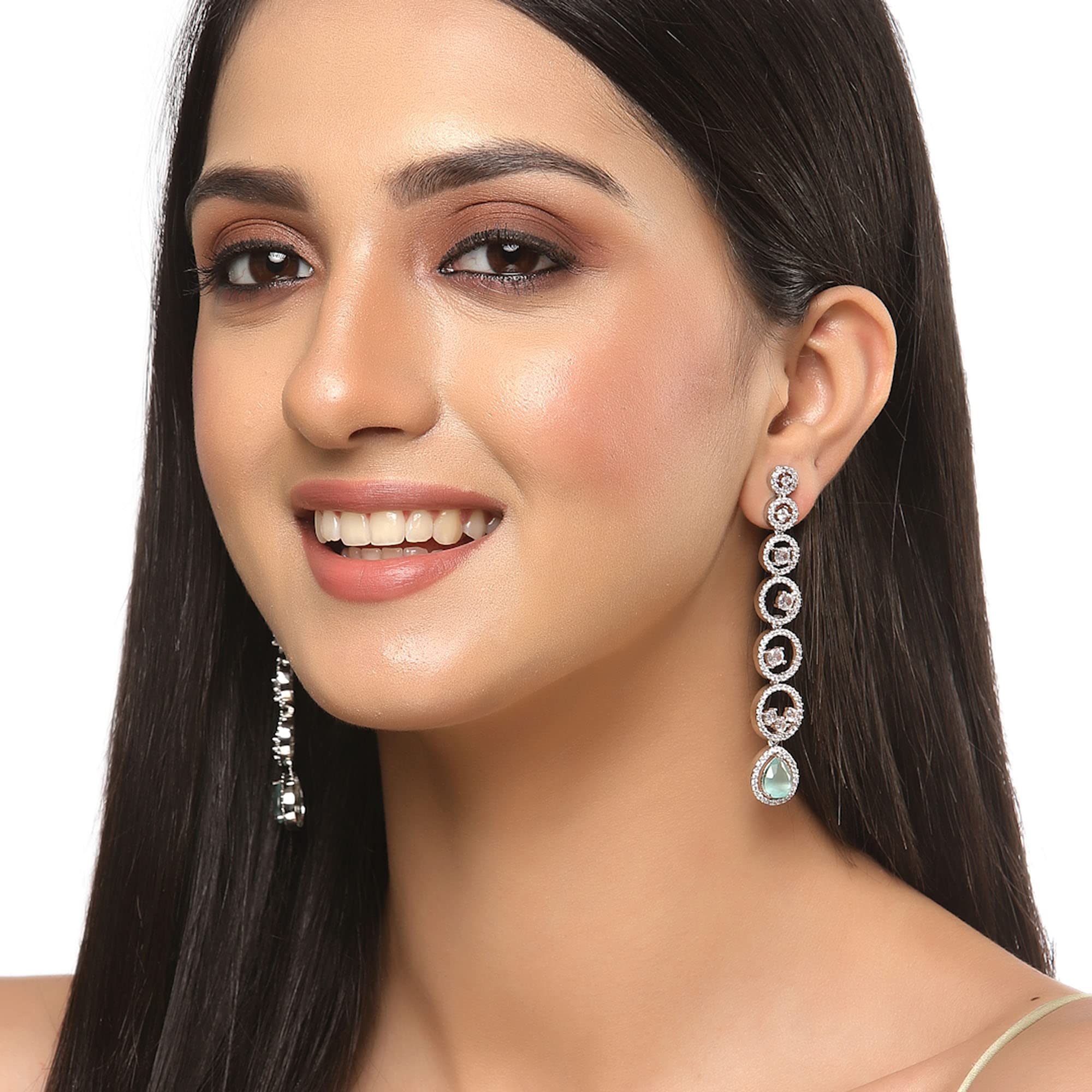 Rhodium-Plated Circular Drop Earrings with American Diamond