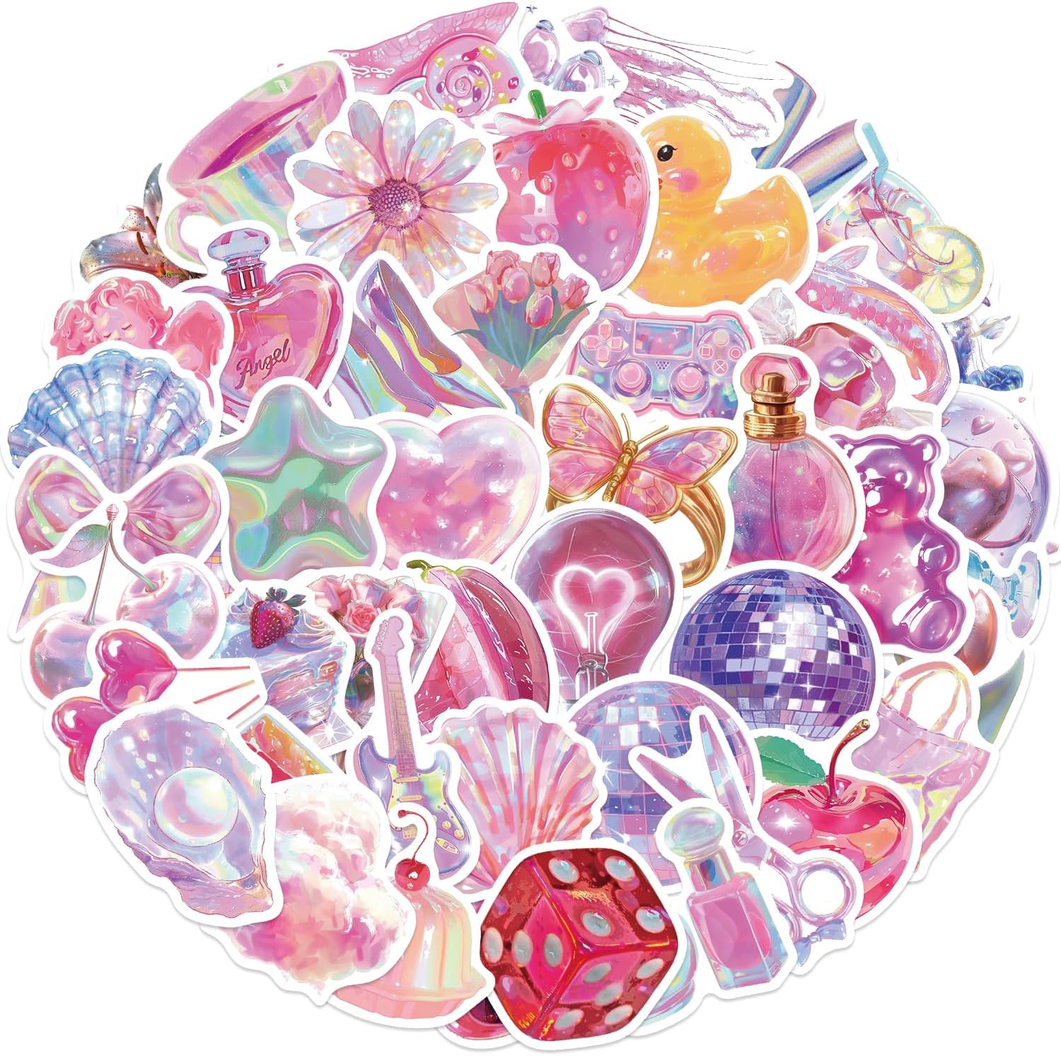 50Pcs Holographic Y2K Stickers, Aesthetic Cute Kawaii Vinyl Waterproof Stickers for Laptop, Skateboard, Kindle, Journal, Scrapbooking, Suitcase, Water Bottle, Photo Album