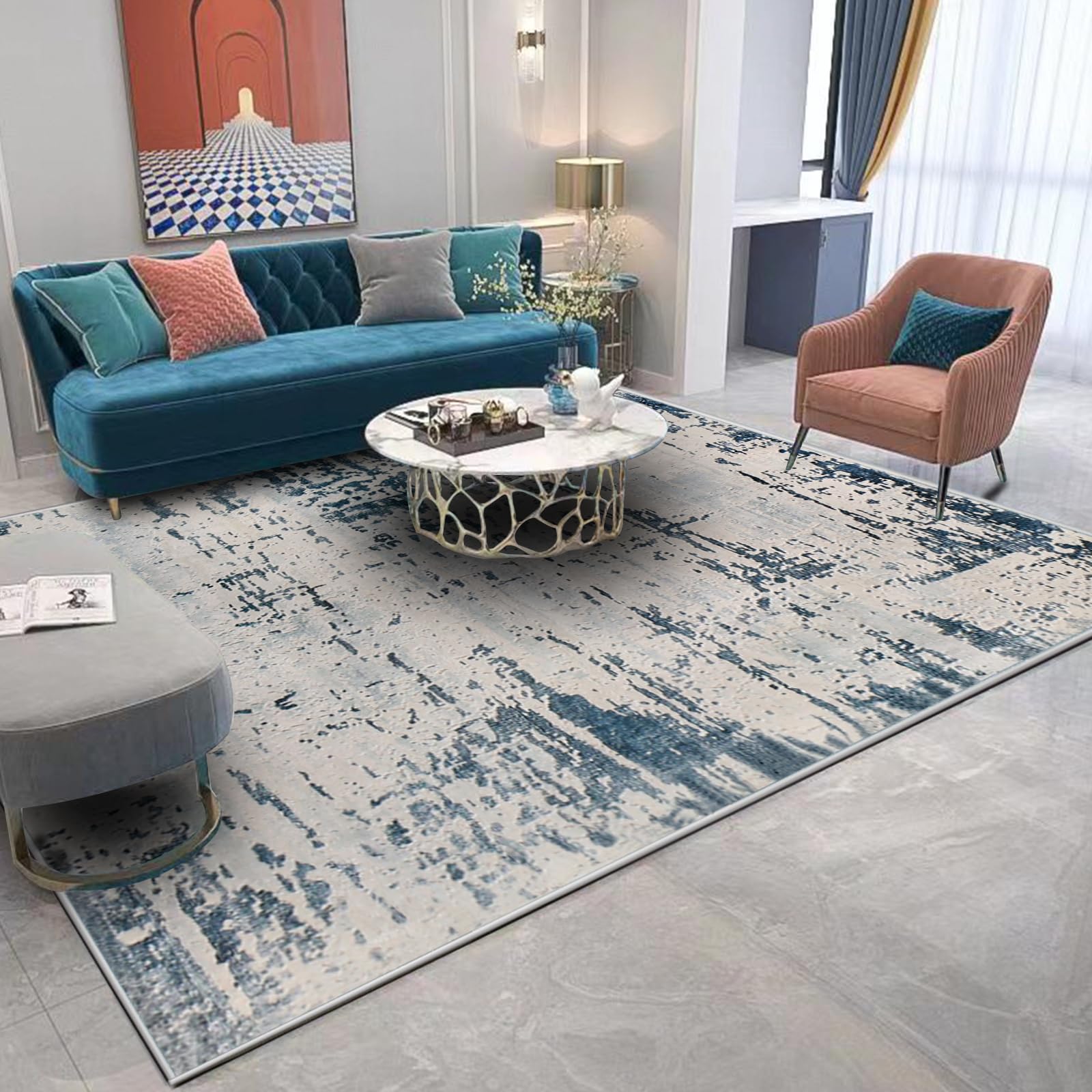 ASIinnsy Tappeto Astratto Tappeto Grigio Blu Tappeti Moderni Soggiorno Antiscivolo Morbido Tappeto Salotto Pelo Corto Tappeti Grandi per Soggiorno Camera da Letto (200 x 250 cm, Blu Astratto)