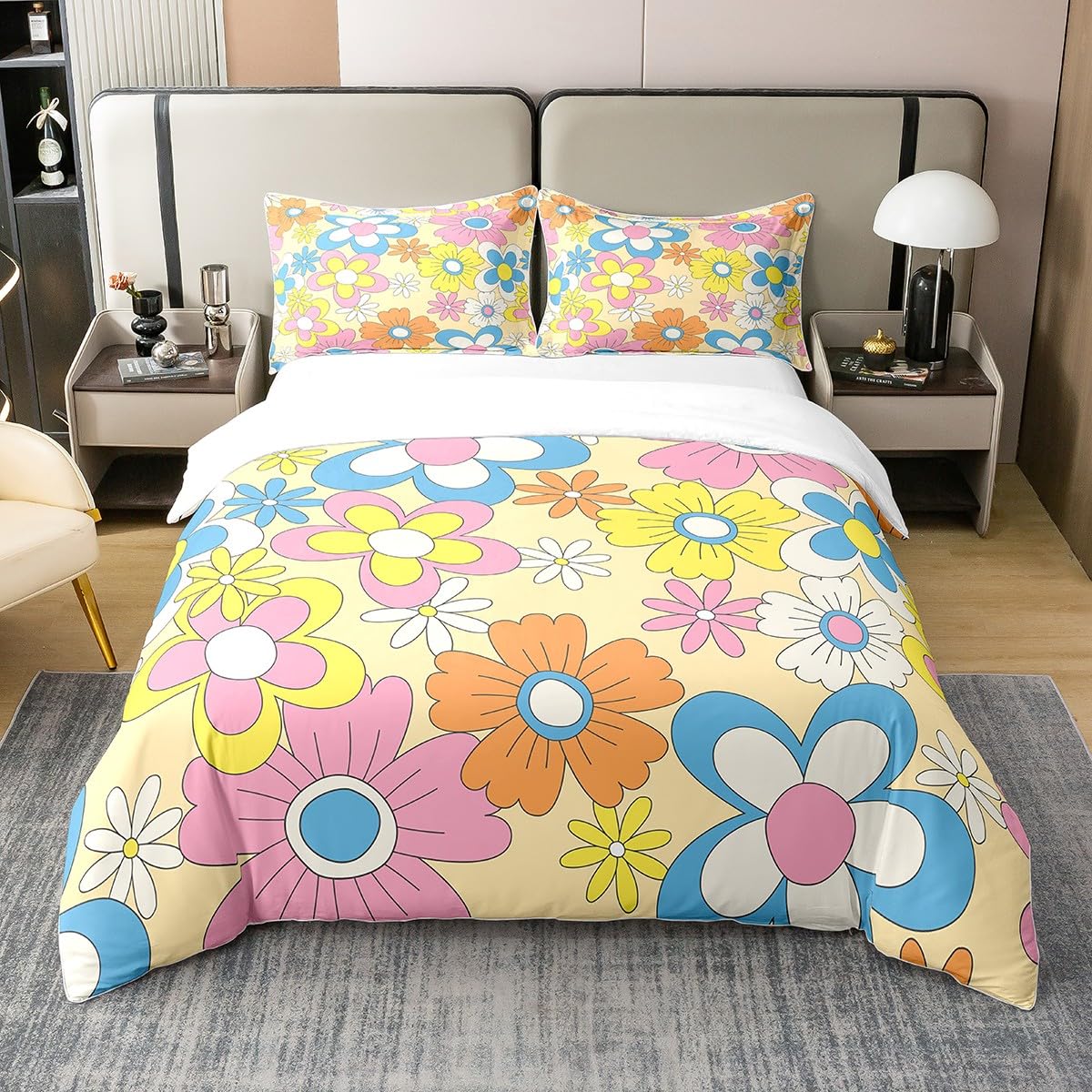 100% Cotton 70S Groovy Flowers Bedding Set Single Hippie Colorful Retro Floral Cute Comforter Cover Vintage Garden Flower Duvet Cover Pastel Botanical Hippy Bedspread Cover Aesthetic Bedroom Decor — image 1