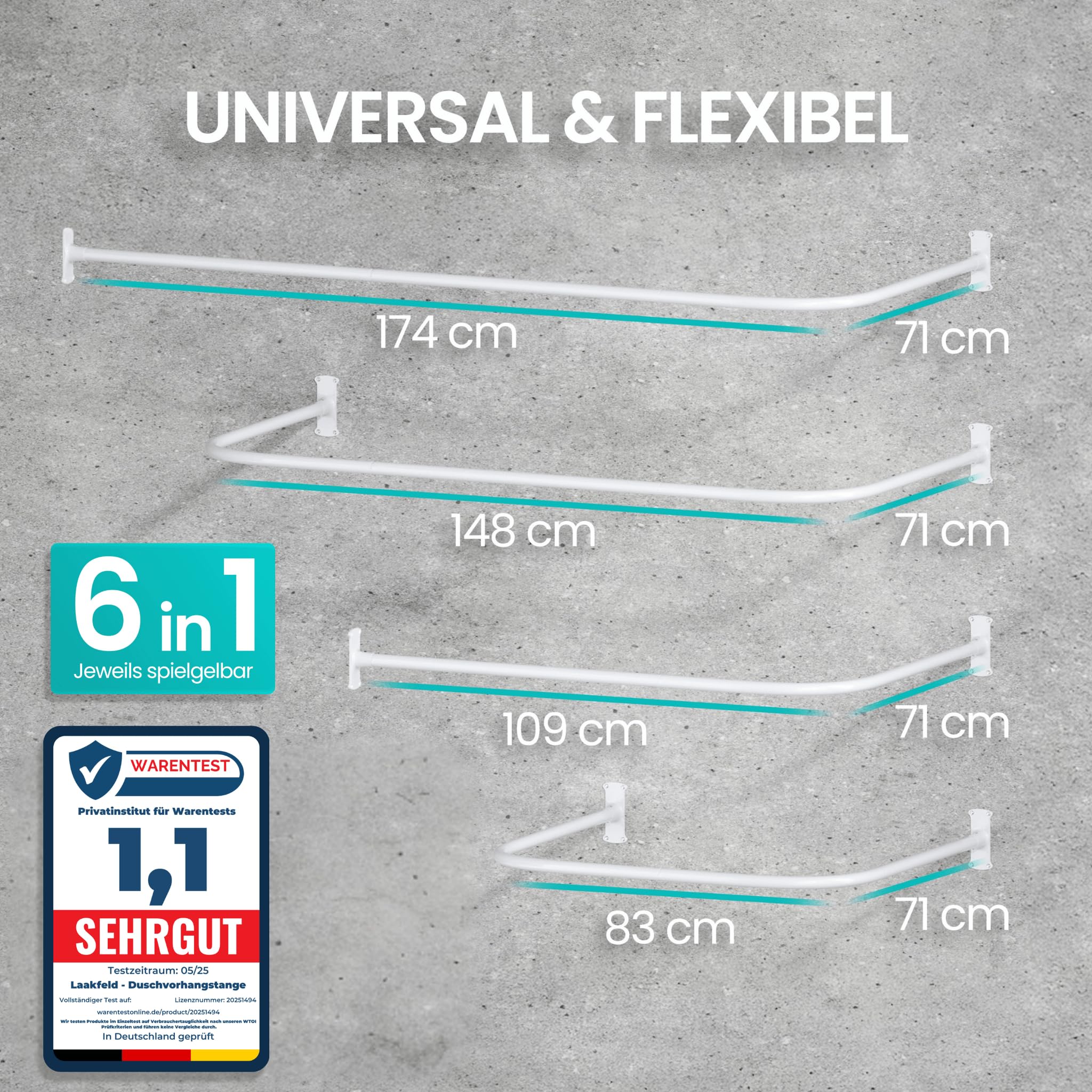 Duschvorhangstange L Form & Duschstange U Form 6 in 1 System inkl. 12 Ringe - Stabile Winkelstange Duschvorhang ohne Deckenhalterung - Duschstange Ecke Rostfrei - Duschvorhangstange Badewanne & Dusche