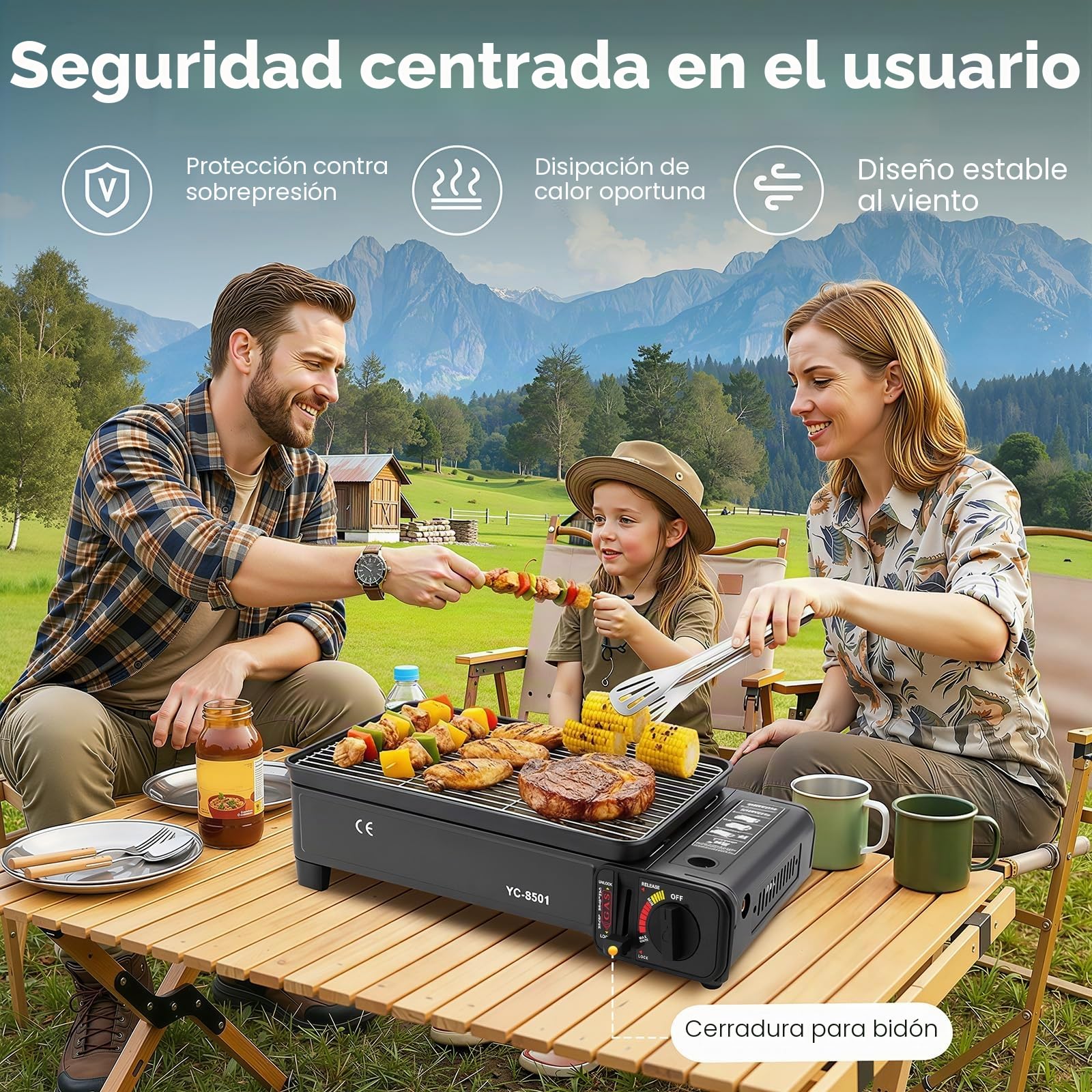 Barbacoa de gas 2 en 1 para camping con 2 placas de barbacoa y bolsa de transporte, barbacoa portátil de gas, parrilla de gas, pequeña y compacta para picnic, balcón, jardín, incluye pinzas, pinchos y