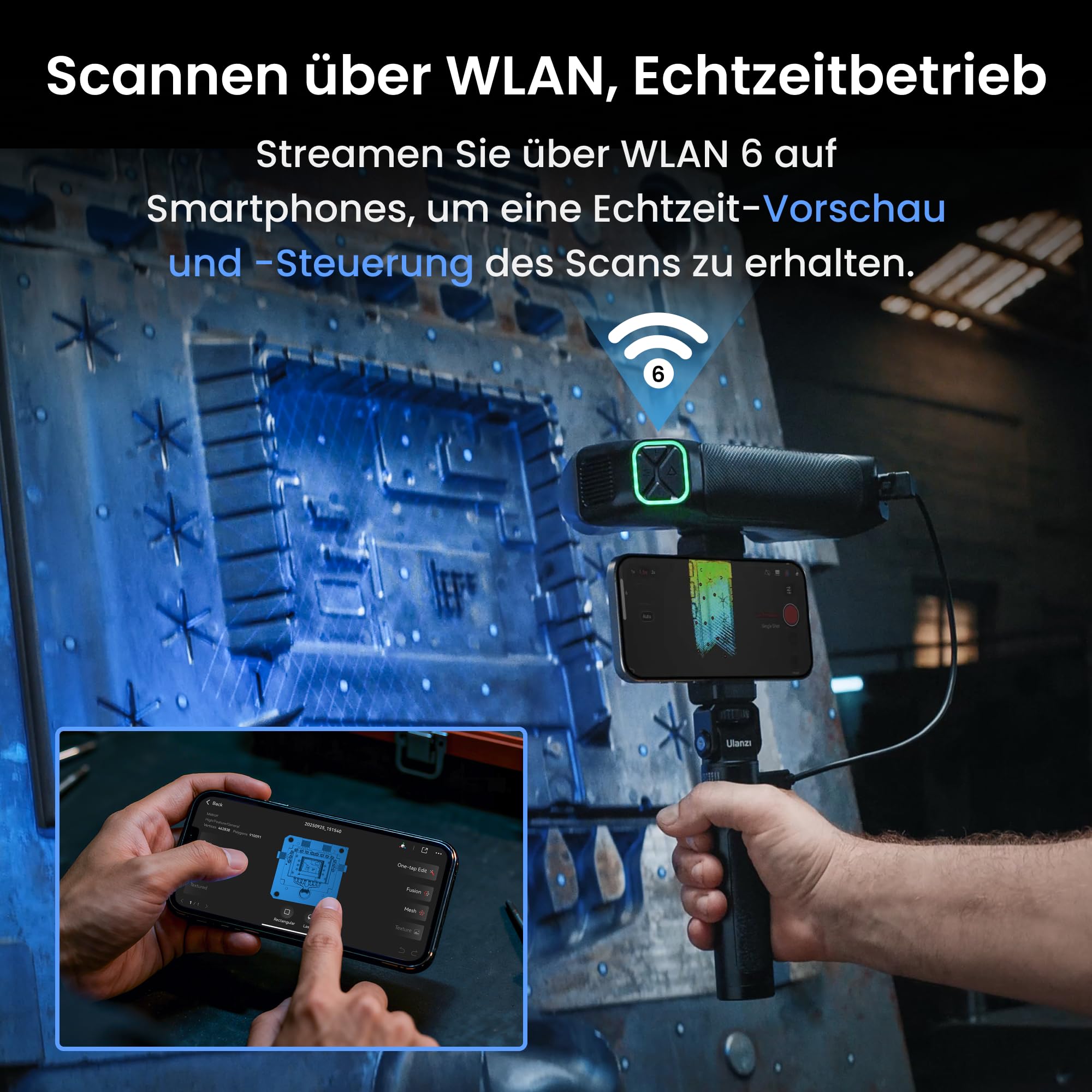 Revopoint MetroY Pro 3D-Scanner für 3D-Druck, 5 Scanmodi, bis zu 0,01 mm Präzision, 34+15+1 industrieller Blaulaser-Handscanner, 62-Linien-Vollfeld, Echtzeit-Vorschau, Wi-Fi 6, Vollfarbe