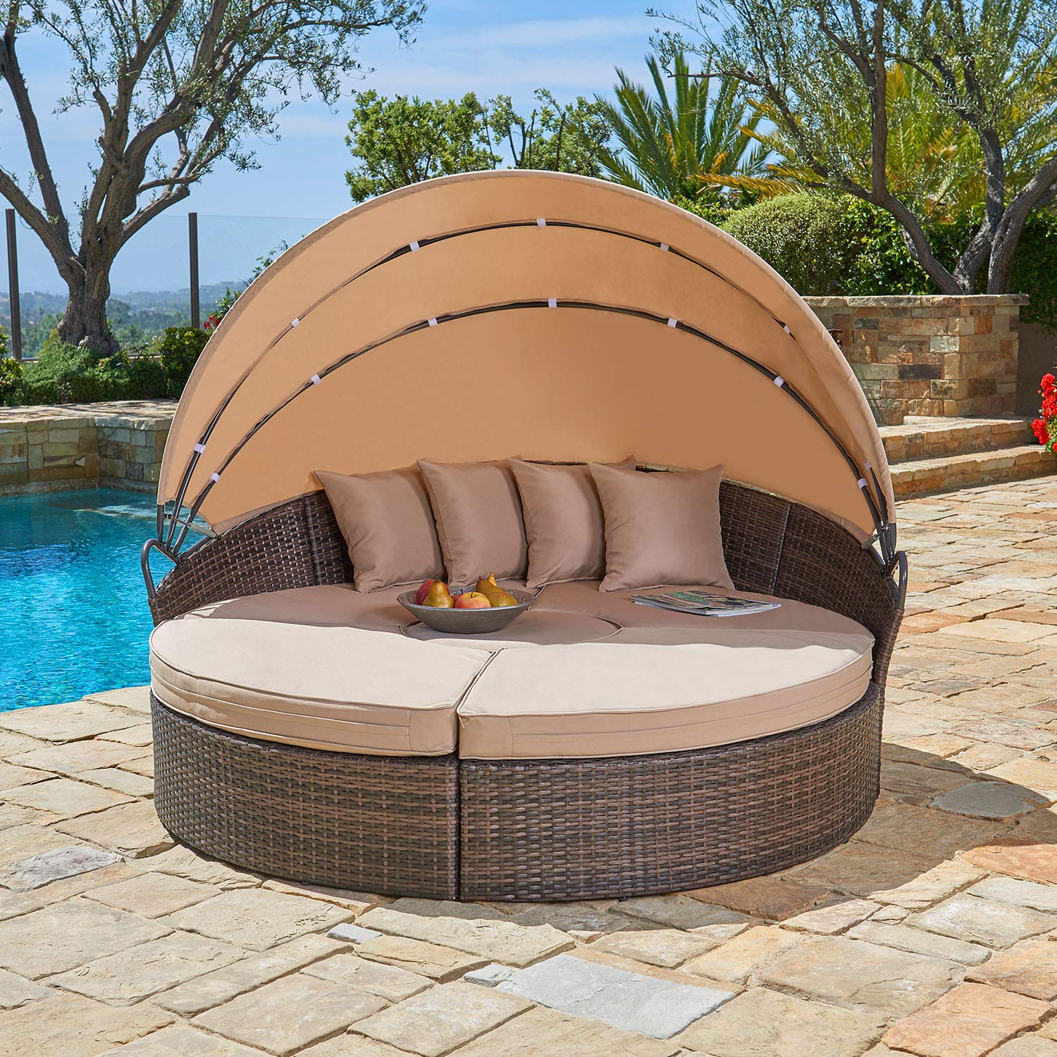 SUNCROWN Outdoor Patio Round Daybed with Retractable Canopy, Brown