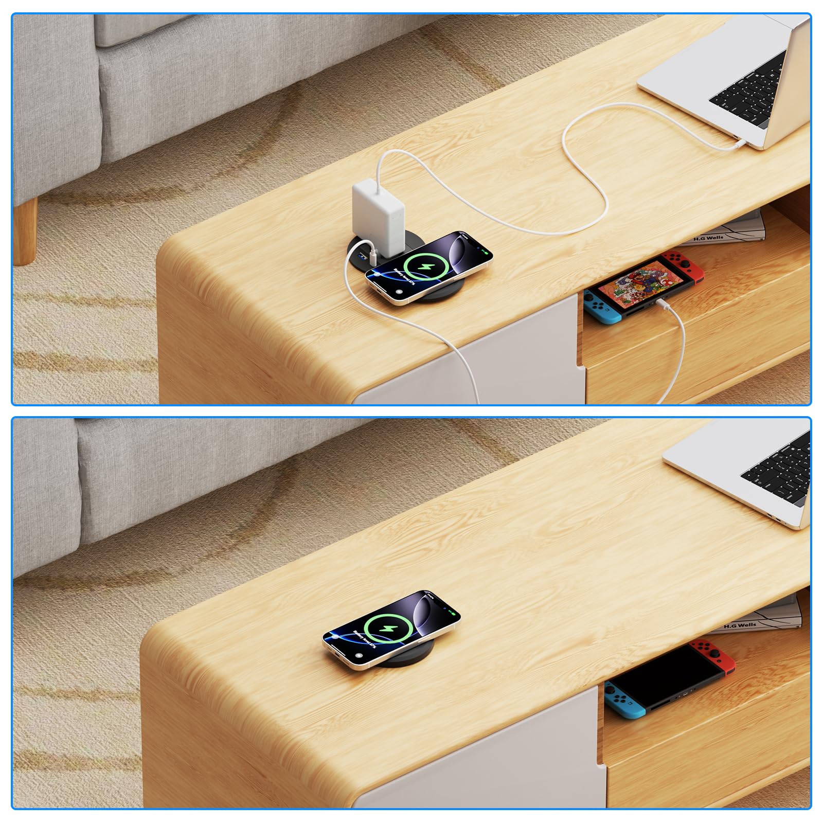 Inbouwstopcontact 4 vakken met 2 USB-C 2 USB-A, intrekbaar tafelstopcontact met draadloze oplader, 1,8 m kabel voor kantoor, keuken, zwart