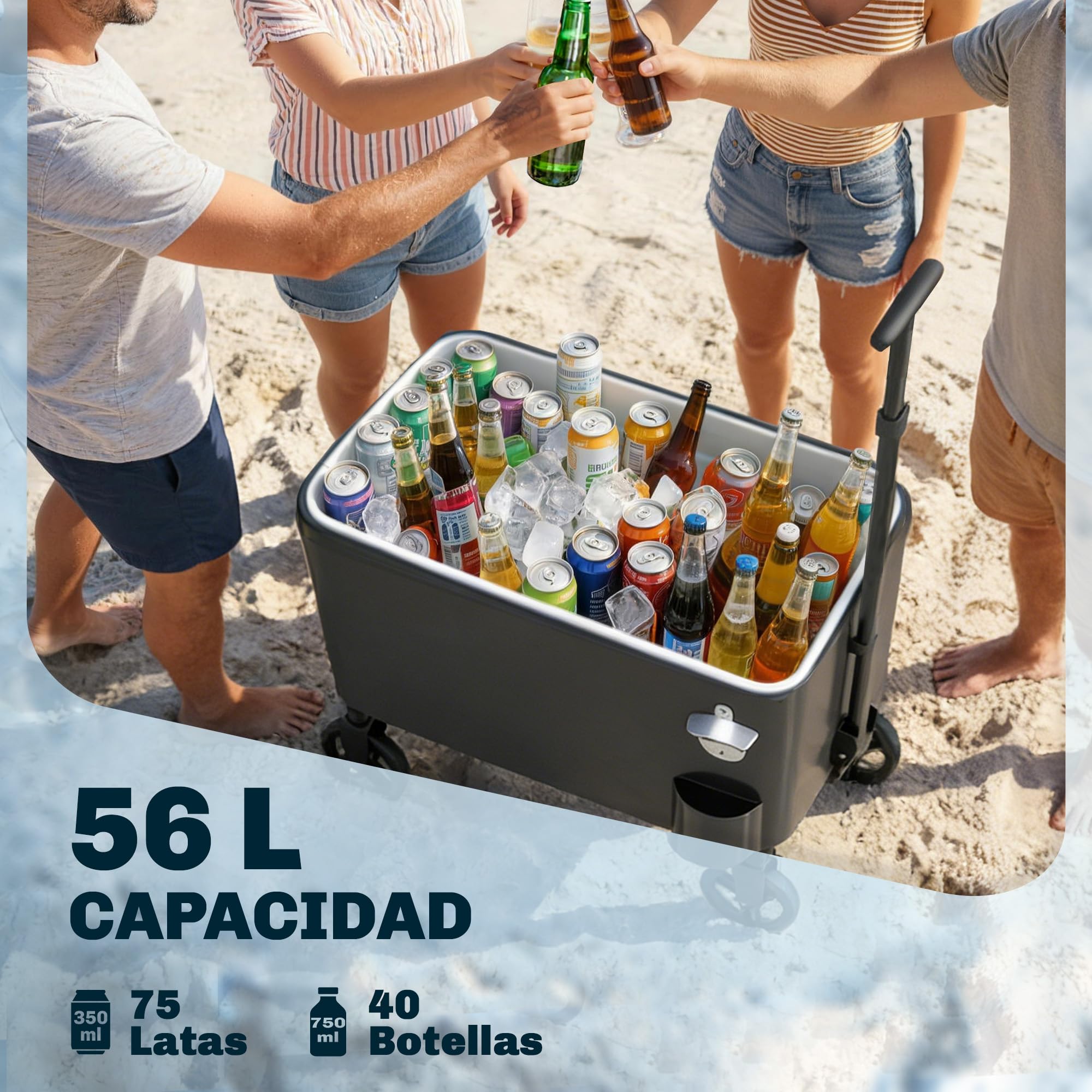 Outsunny Carrito Nevera de 56L con Ruedas, Carro de Bebidas con Mango Ajustable, Abrebotellas, Recogetapas, Drenaje y Asa, Mesa Nevera Jardín Exterior para Patio, Fiesta, BBQ, 75x35x120 cm, Negro