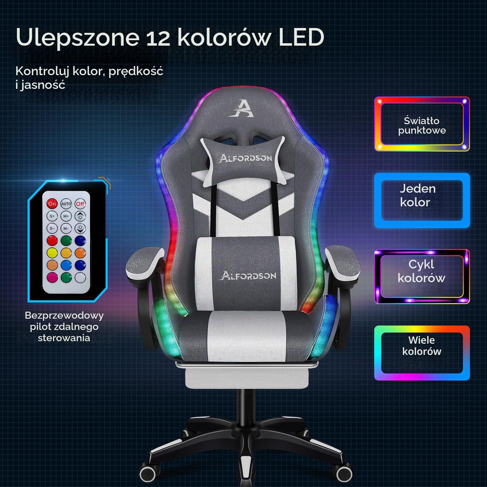 ALFORDSON Fotel do masażu dla graczy ze światłami LED i podnóżkami, szary